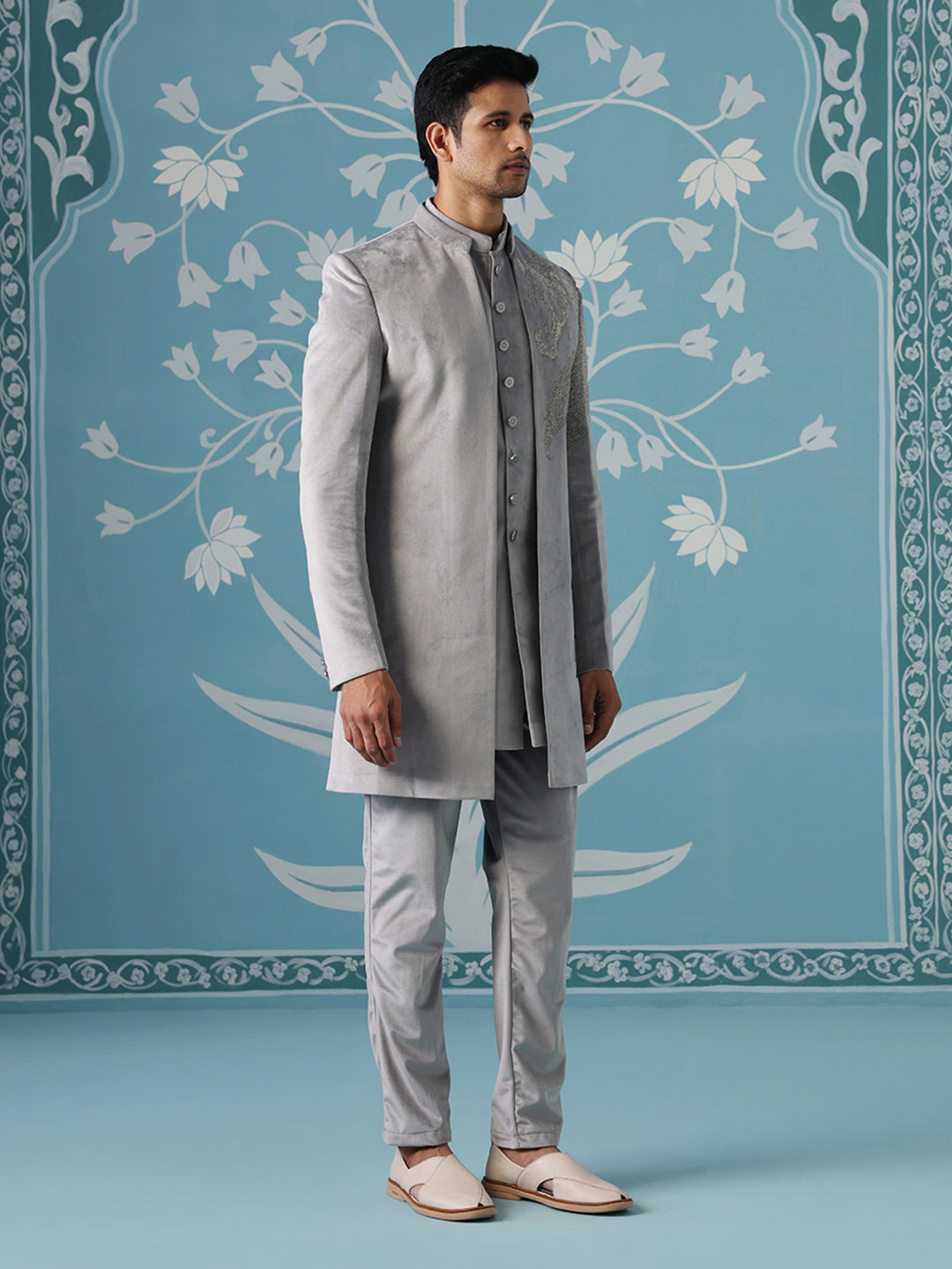 Grey Horse-Embroidered Indo Pant Set
