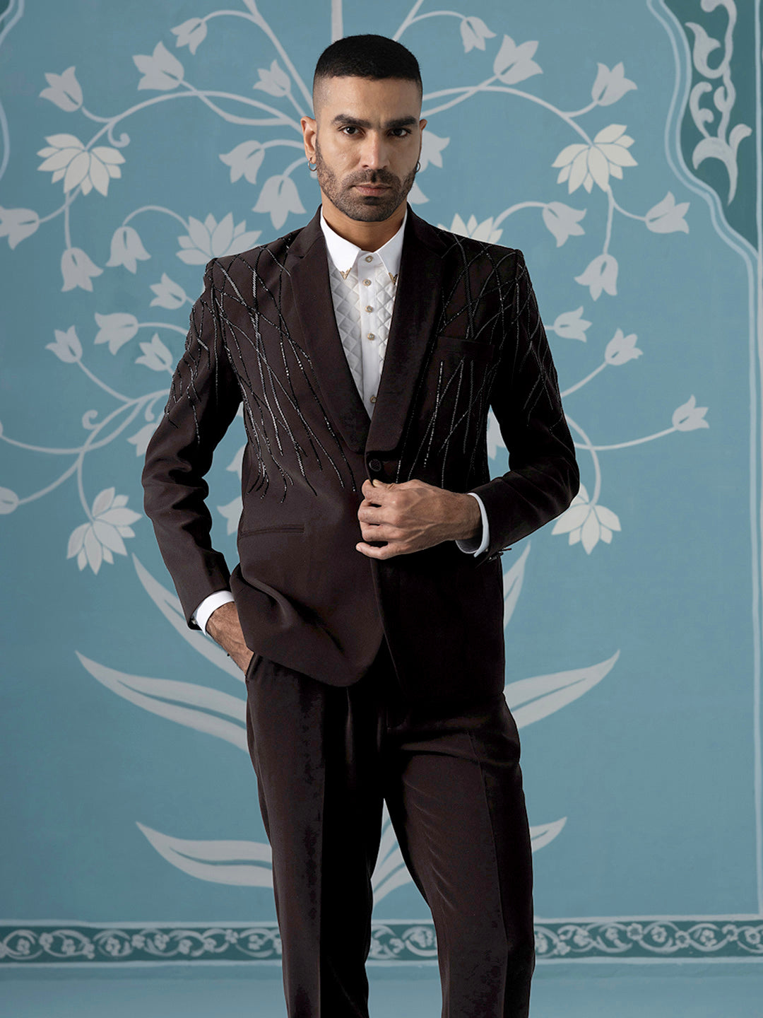 Brown Hand Embroidered Blazer Set