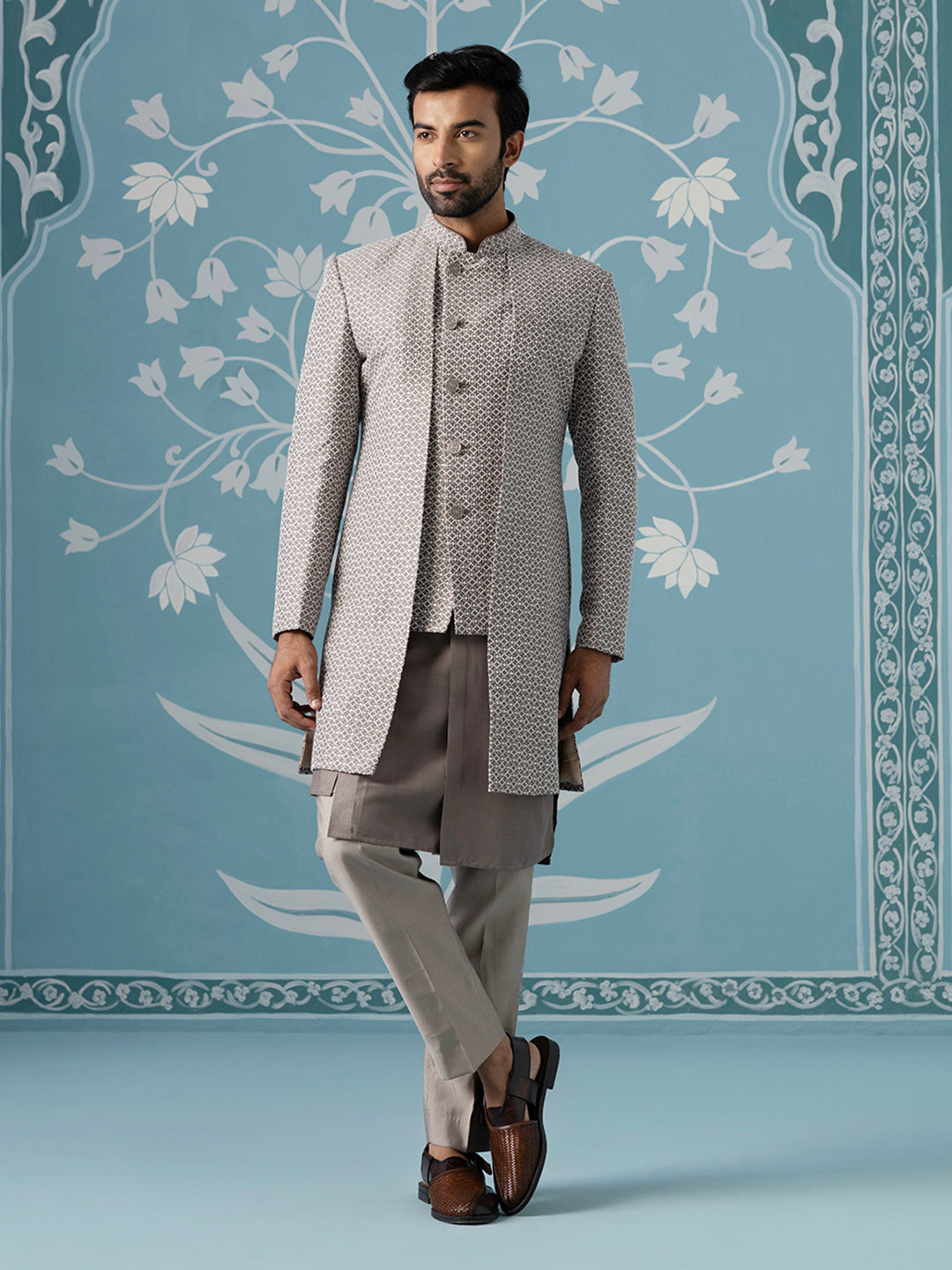 Dusky Brown Embroidered Dual-Layer Indo Kurta Set