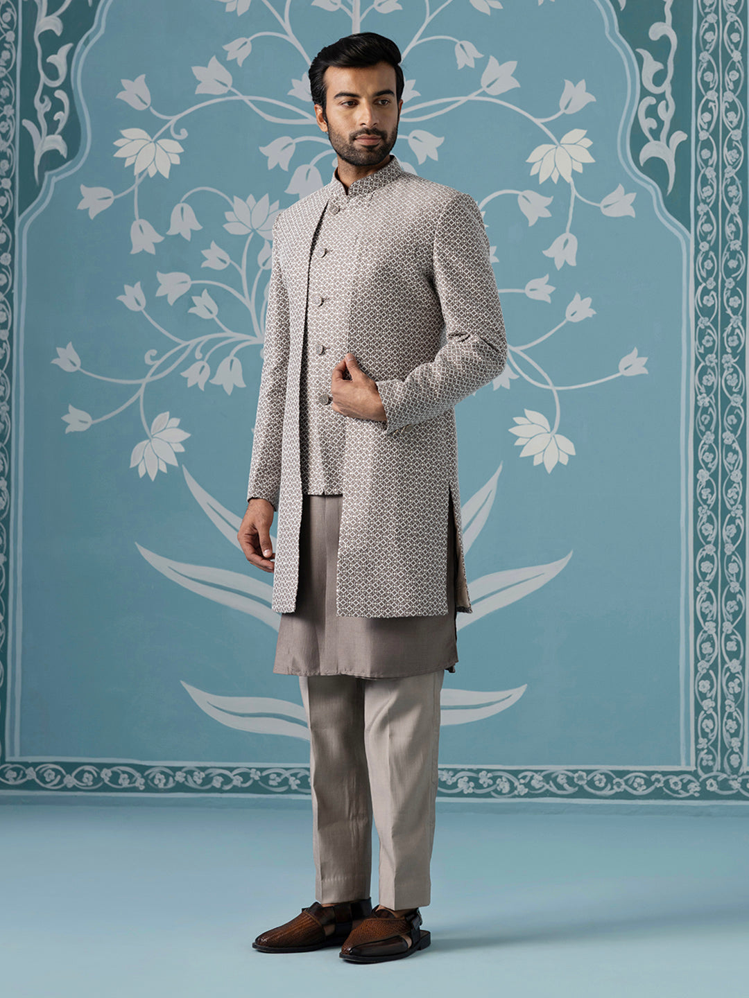 Dusky Brown Embroidered Dual-Layer Indo Kurta Set