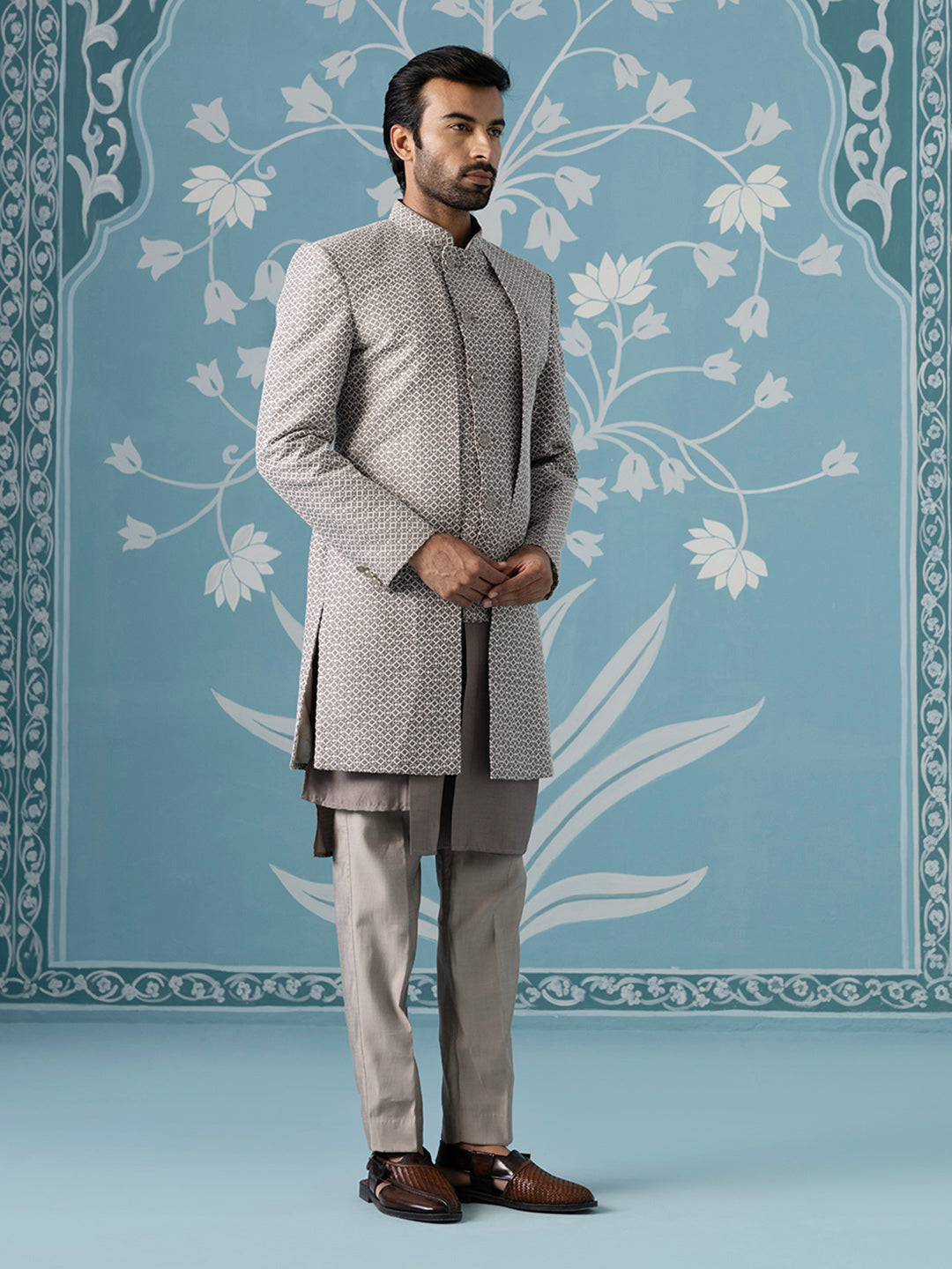 Dusky Brown Embroidered Dual-Layer Indo Kurta Set