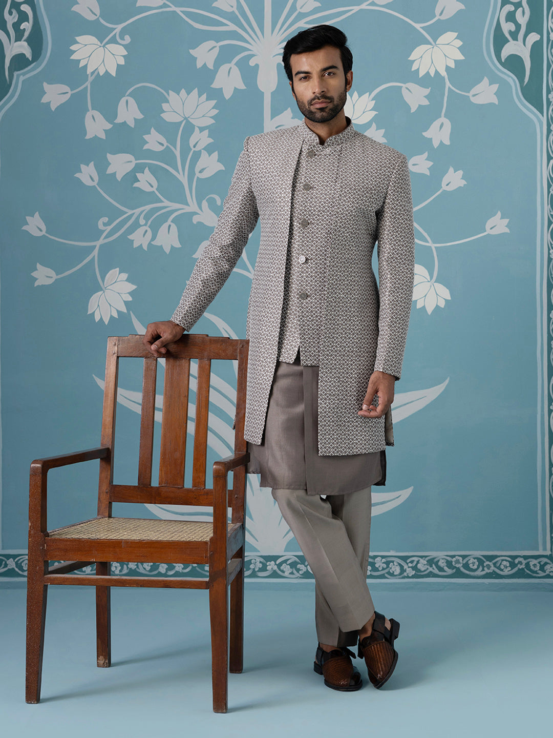 Dusky Brown Embroidered Dual-Layer Indo Kurta Set
