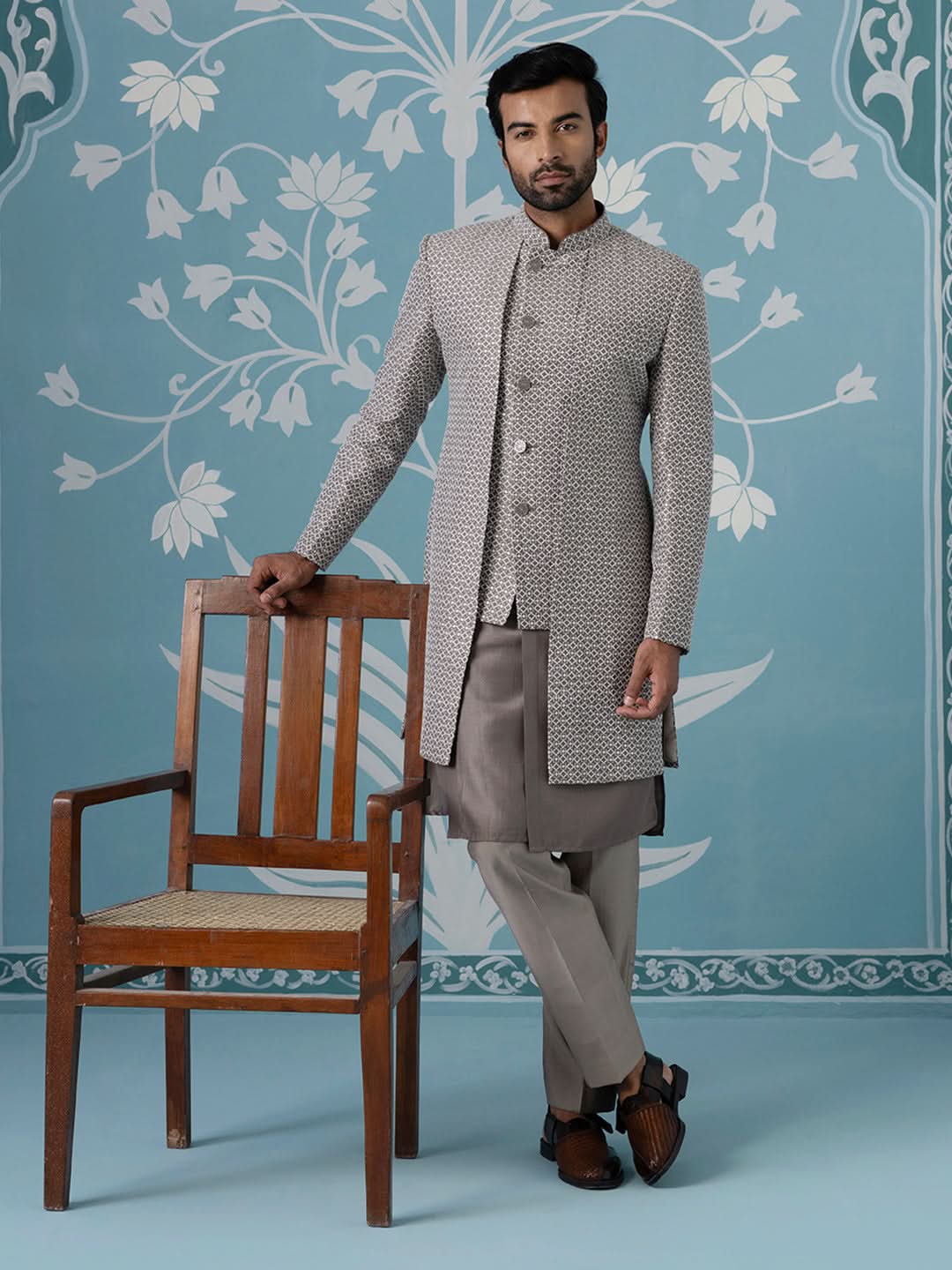 Dusky Brown Embroidered Dual-Layer Indo Kurta Set