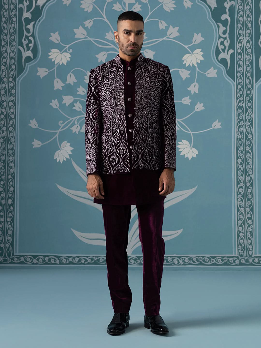 Wine Velvet with Heavy Embroidery Set