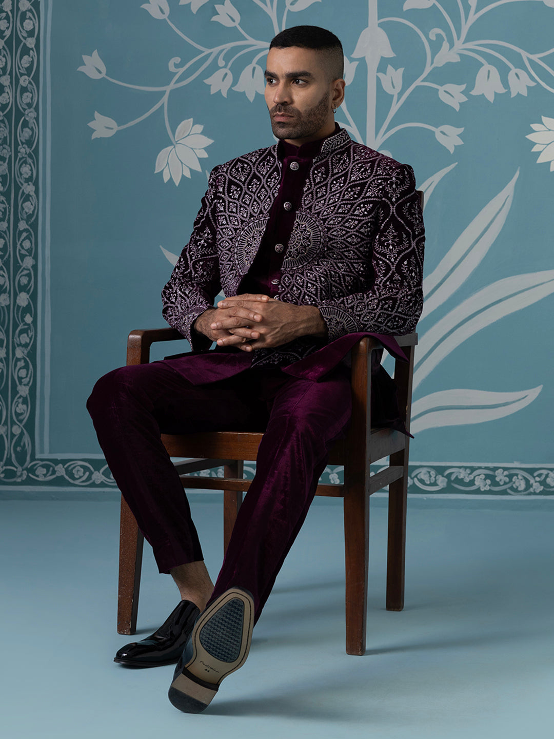 Wine Velvet with Heavy Embroidery Set