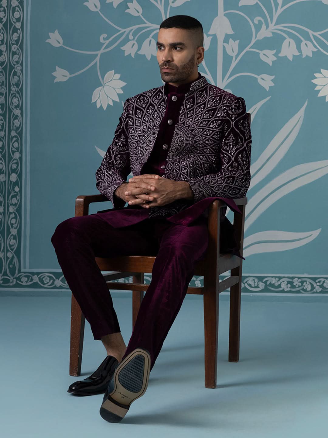 Wine Velvet with Heavy Embroidery Set