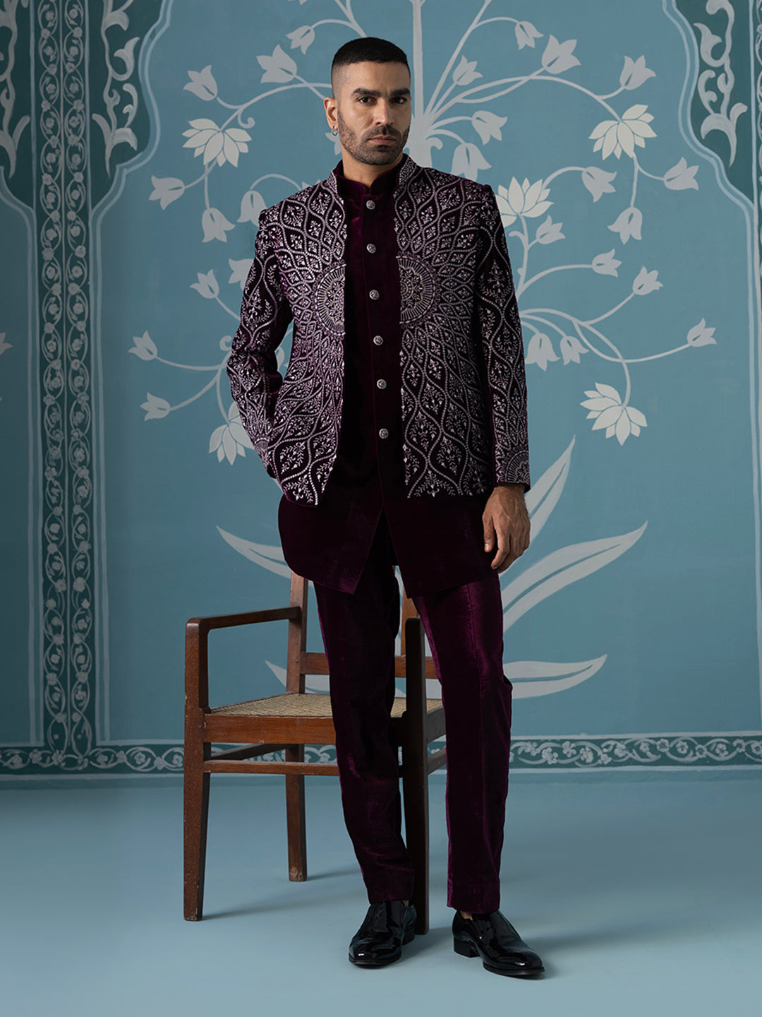 Wine Velvet with Heavy Embroidery Set