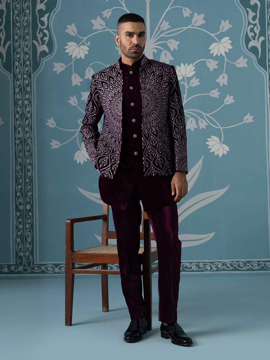 Wine Velvet with Heavy Embroidery Set