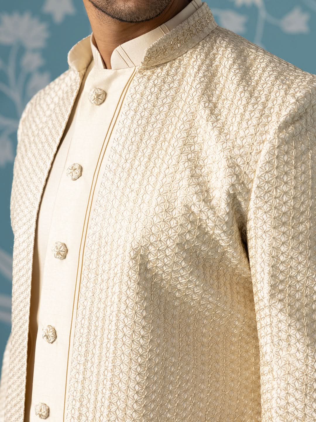 Cream Open-Style Indo Set with Intricate Thread Work