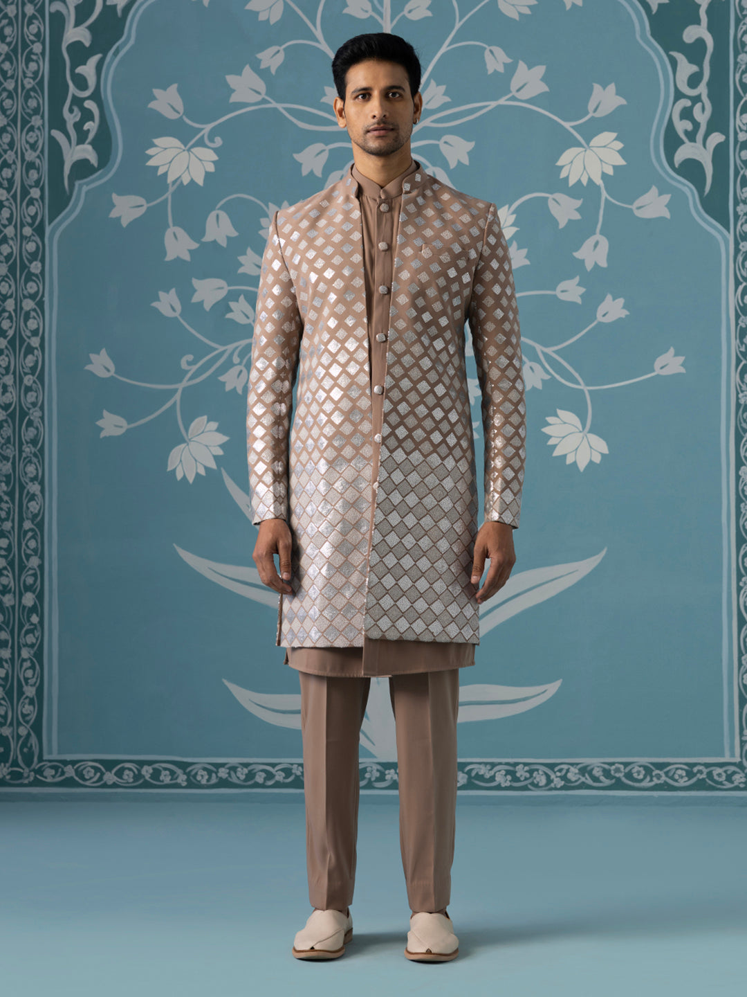 Dusky Light Brown Indo Set with Square Gradient Embroidery