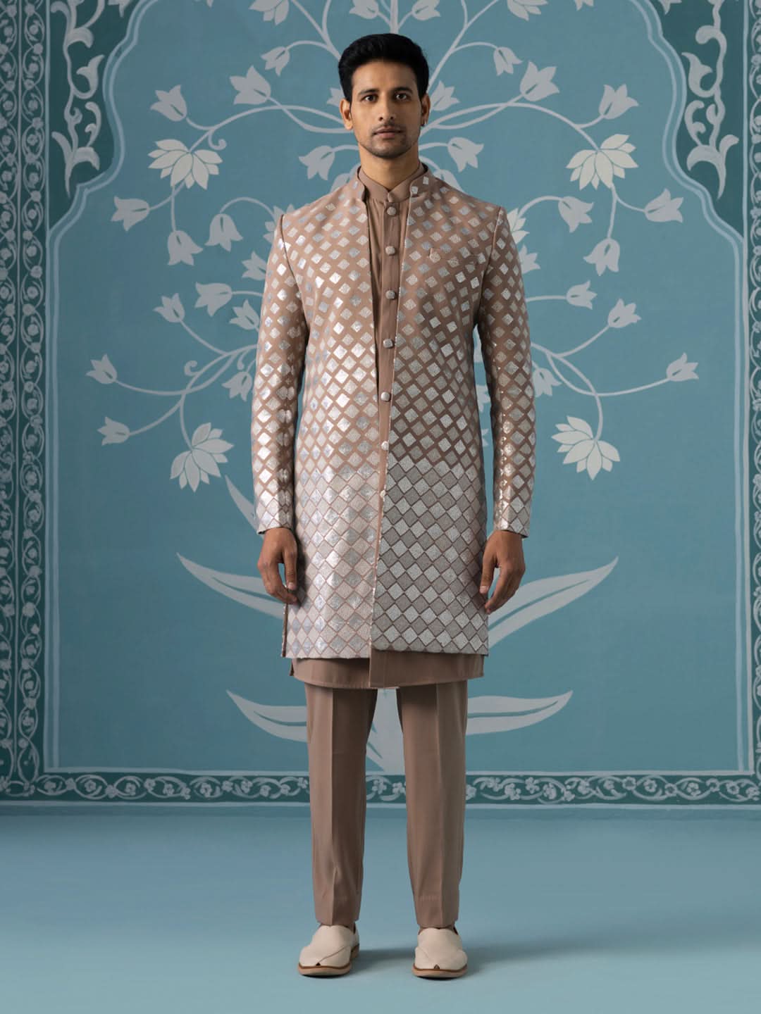 Dusky Light Brown Indo Set with Square Gradient Embroidery