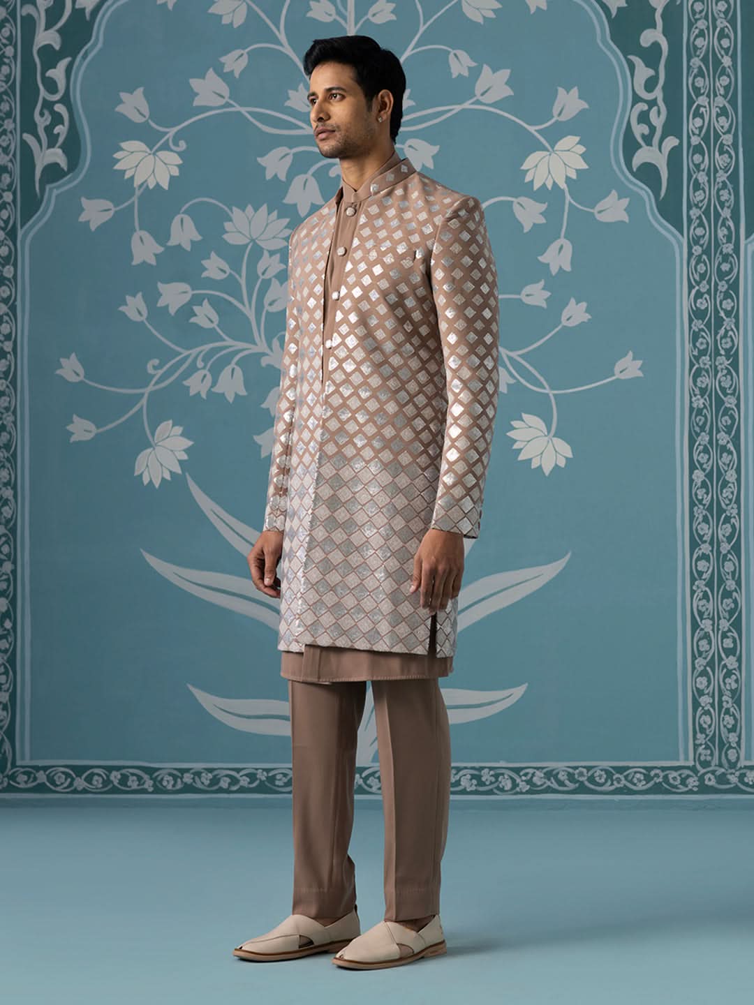 Dusky Light Brown Indo Set with Square Gradient Embroidery