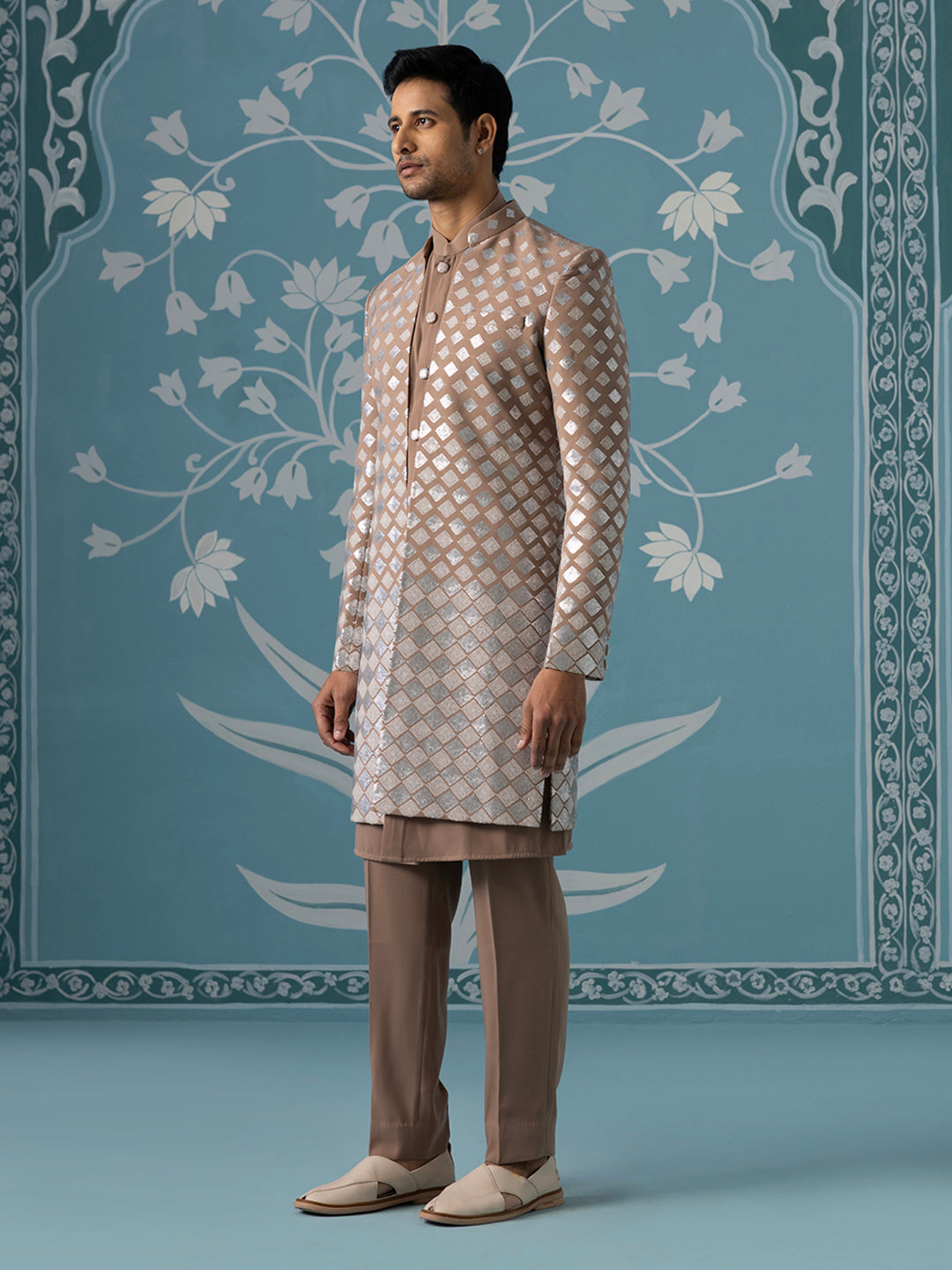 Dusky Light Brown Indo Set with Square Gradient Embroidery