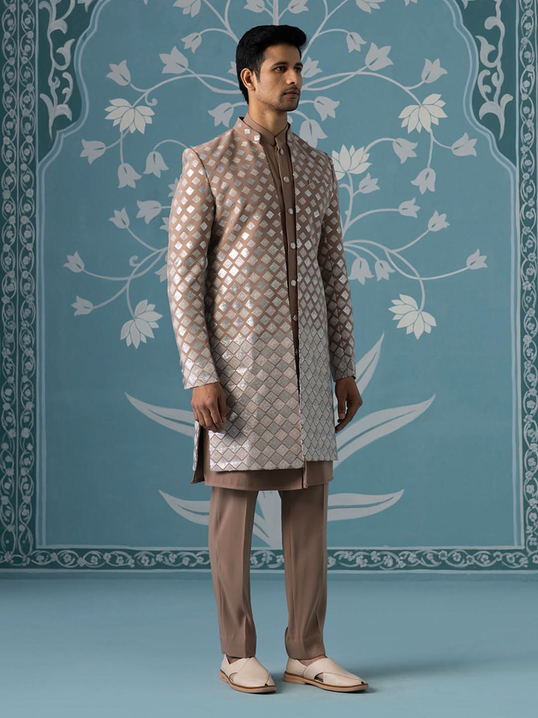 Dusky Light Brown Indo Set with Square Gradient Embroidery