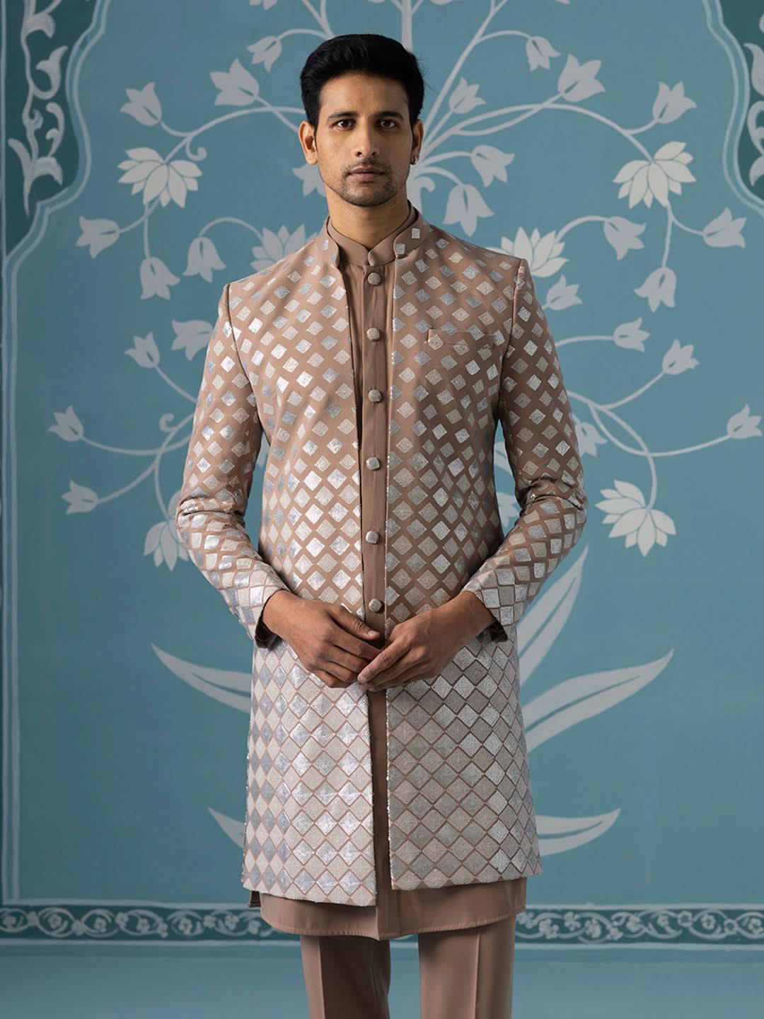 Dusky Light Brown Indo Set with Square Gradient Embroidery