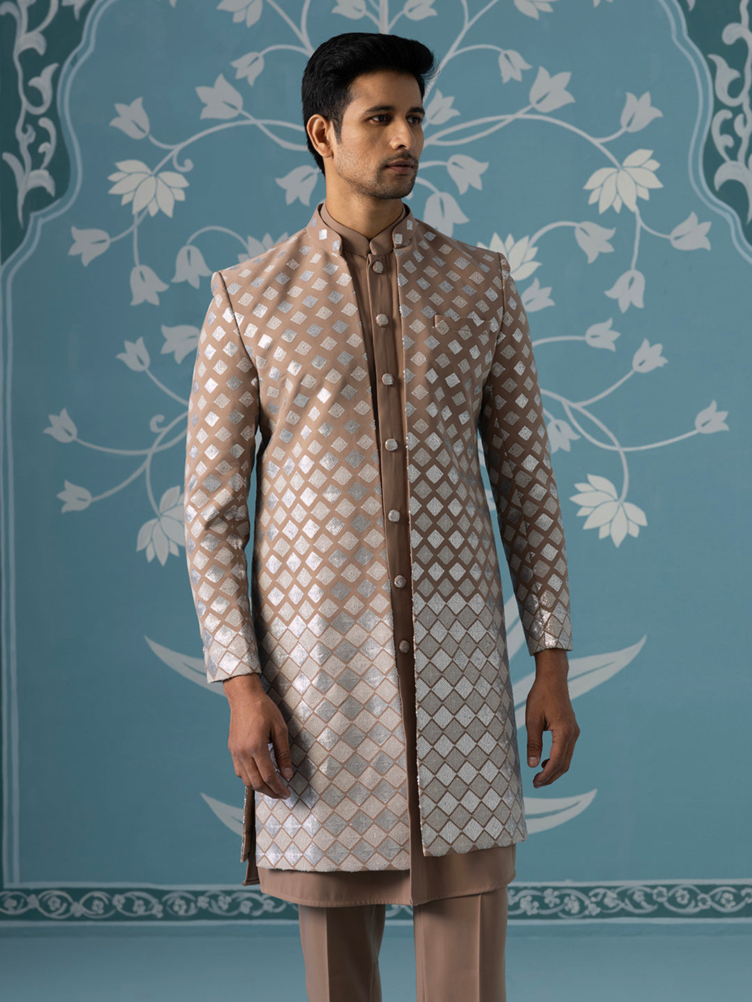 Dusky Light Brown Indo Set with Square Gradient Embroidery