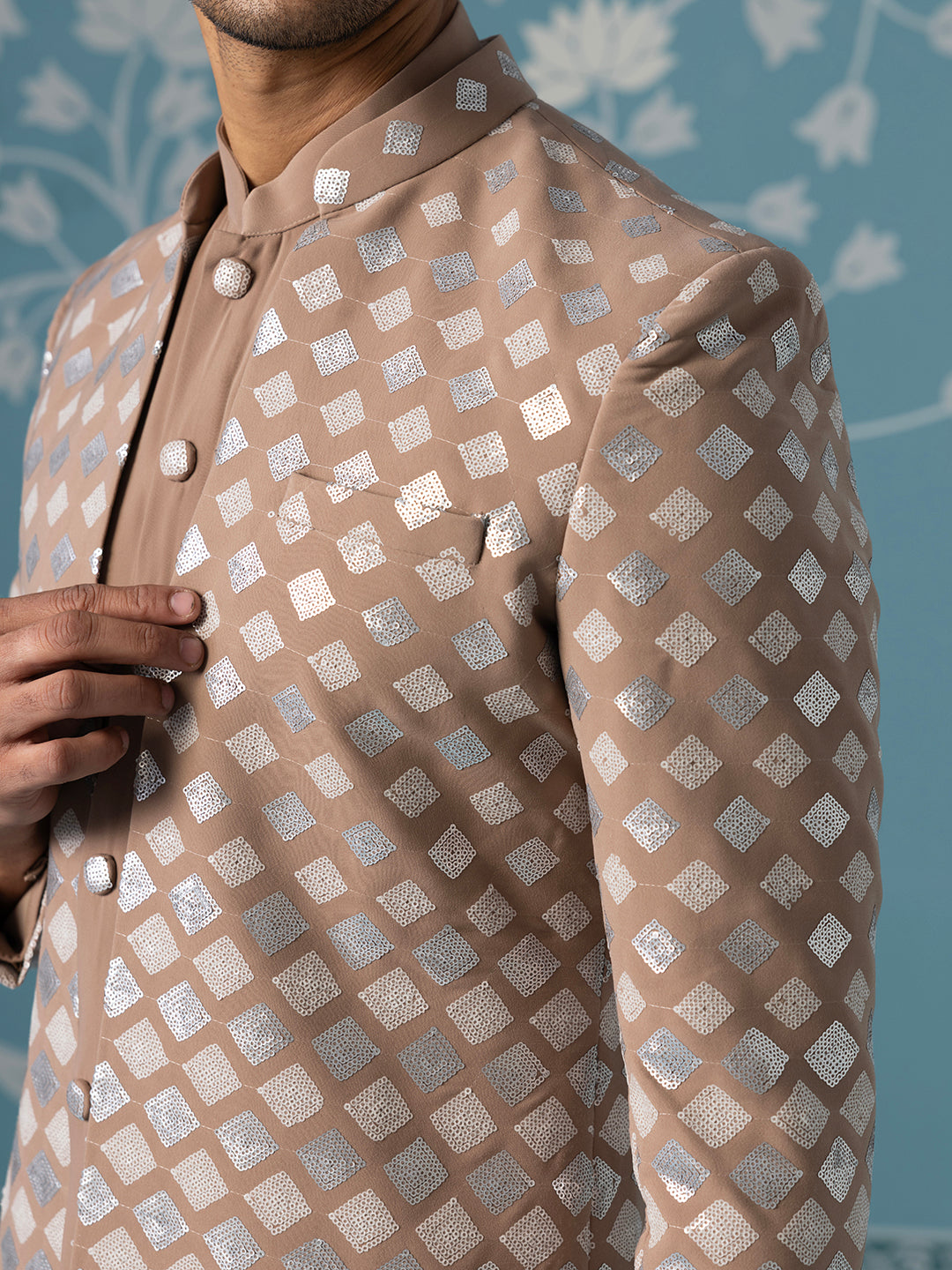 Dusky Light Brown Indo Set with Square Gradient Embroidery