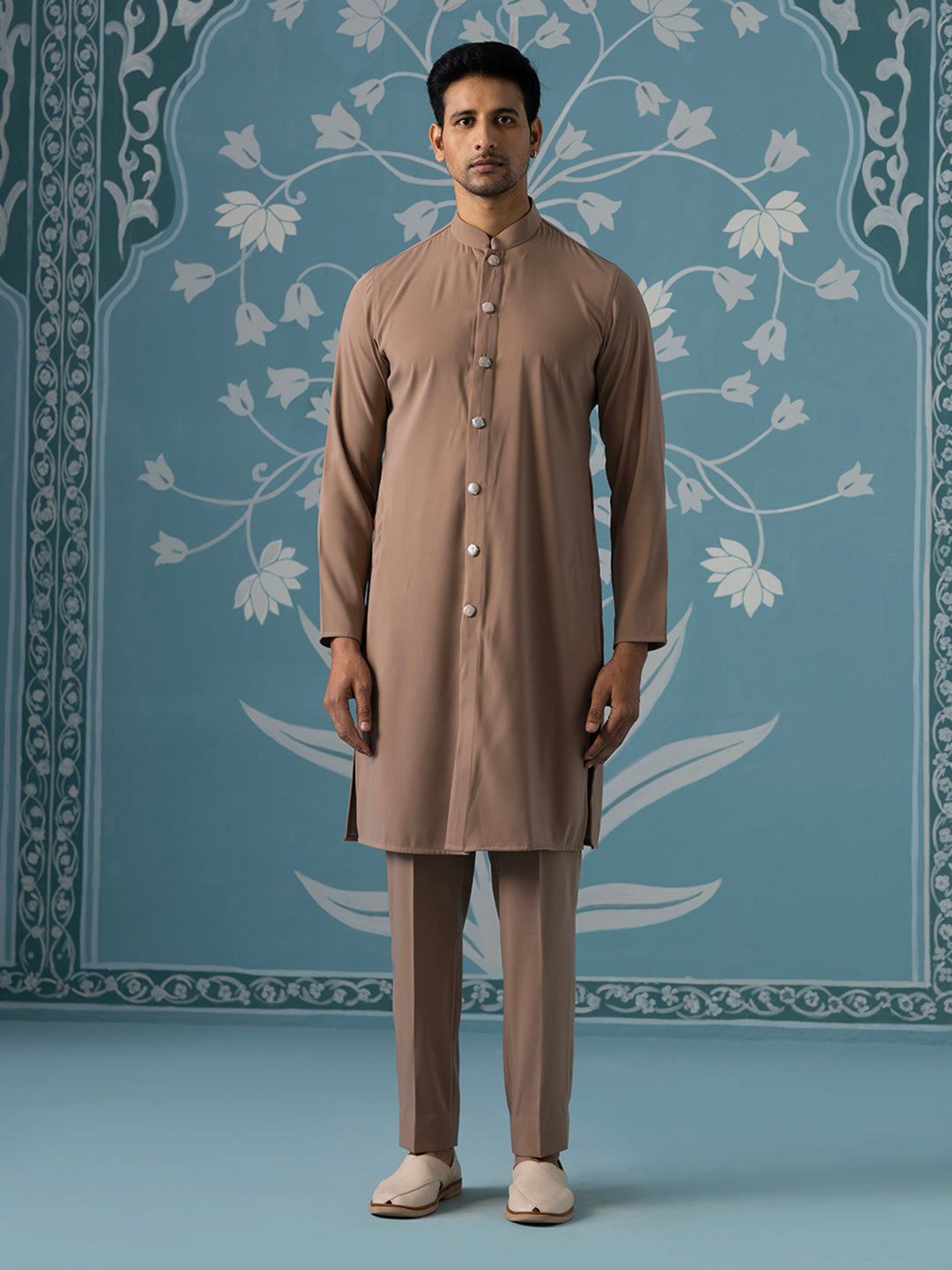 Dusky Light Brown Indo Set with Square Gradient Embroidery