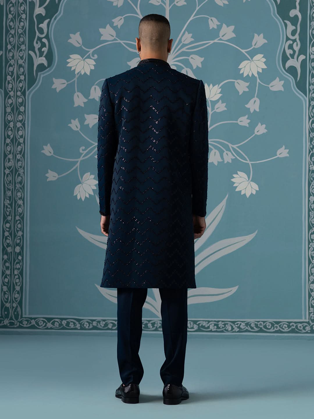 Blue Front-Open Indo-Western Set