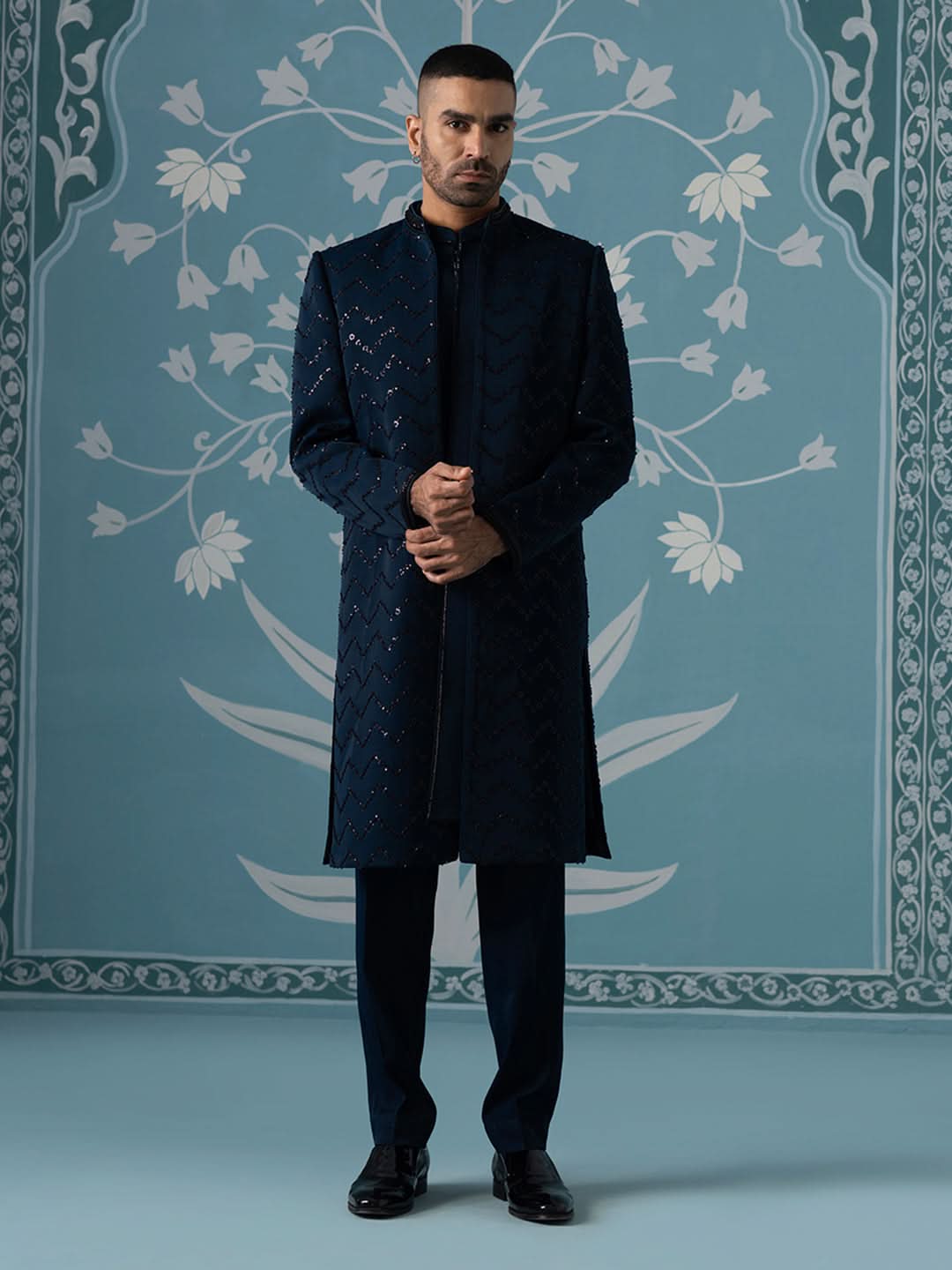 Blue Front-Open Indo-Western Set