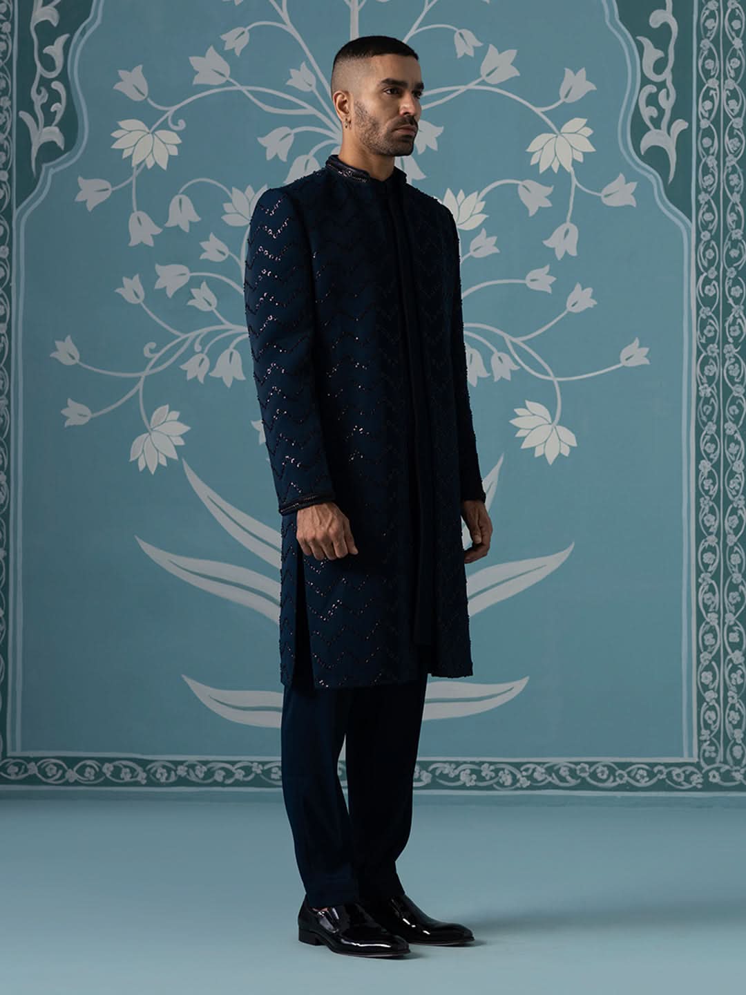 Blue Front-Open Indo-Western Set