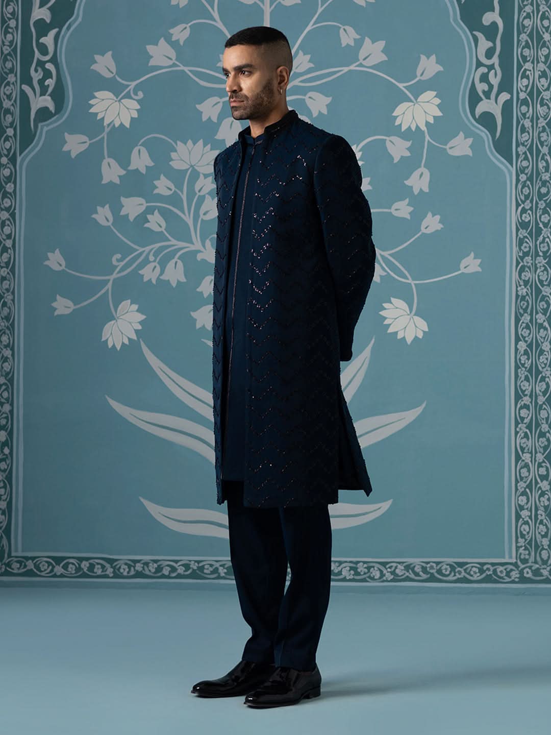 Blue Front-Open Indo-Western Set