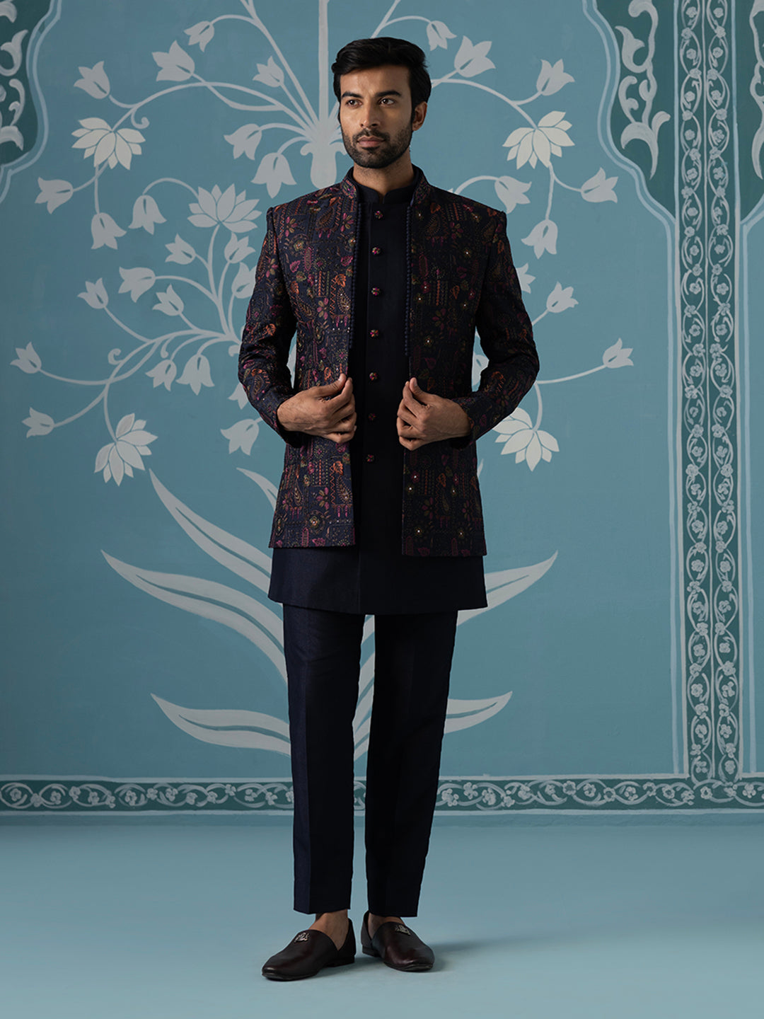 Blue Open Indo Set with Multi-Color Floral Embroidery