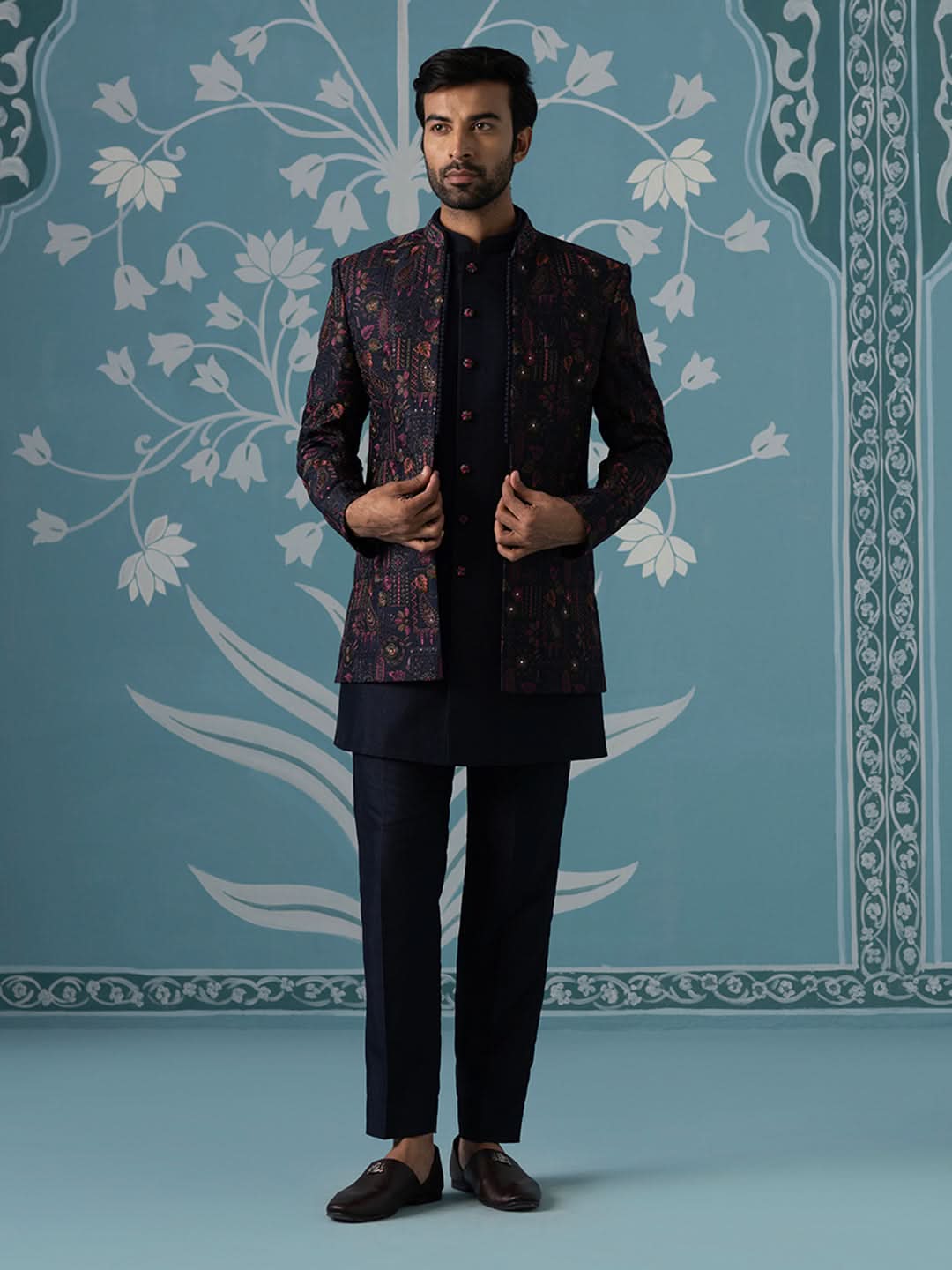 Blue Open Indo Set with Multi-Color Floral Embroidery