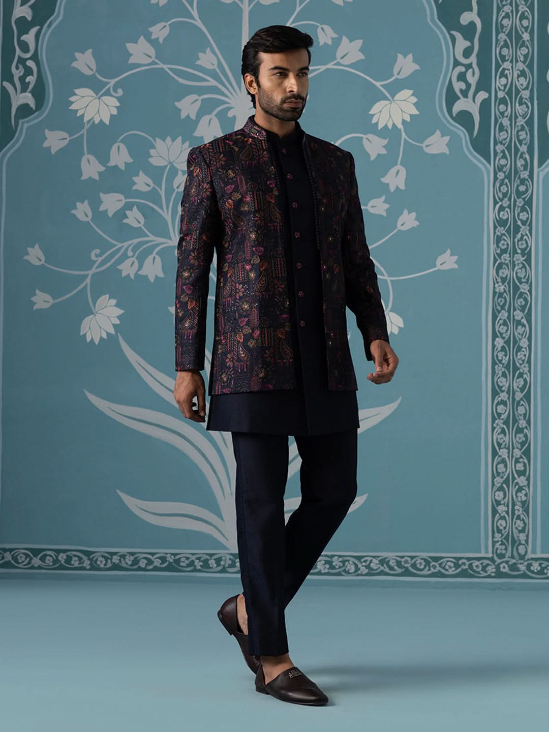 Blue Open Indo Set with Multi-Color Floral Embroidery