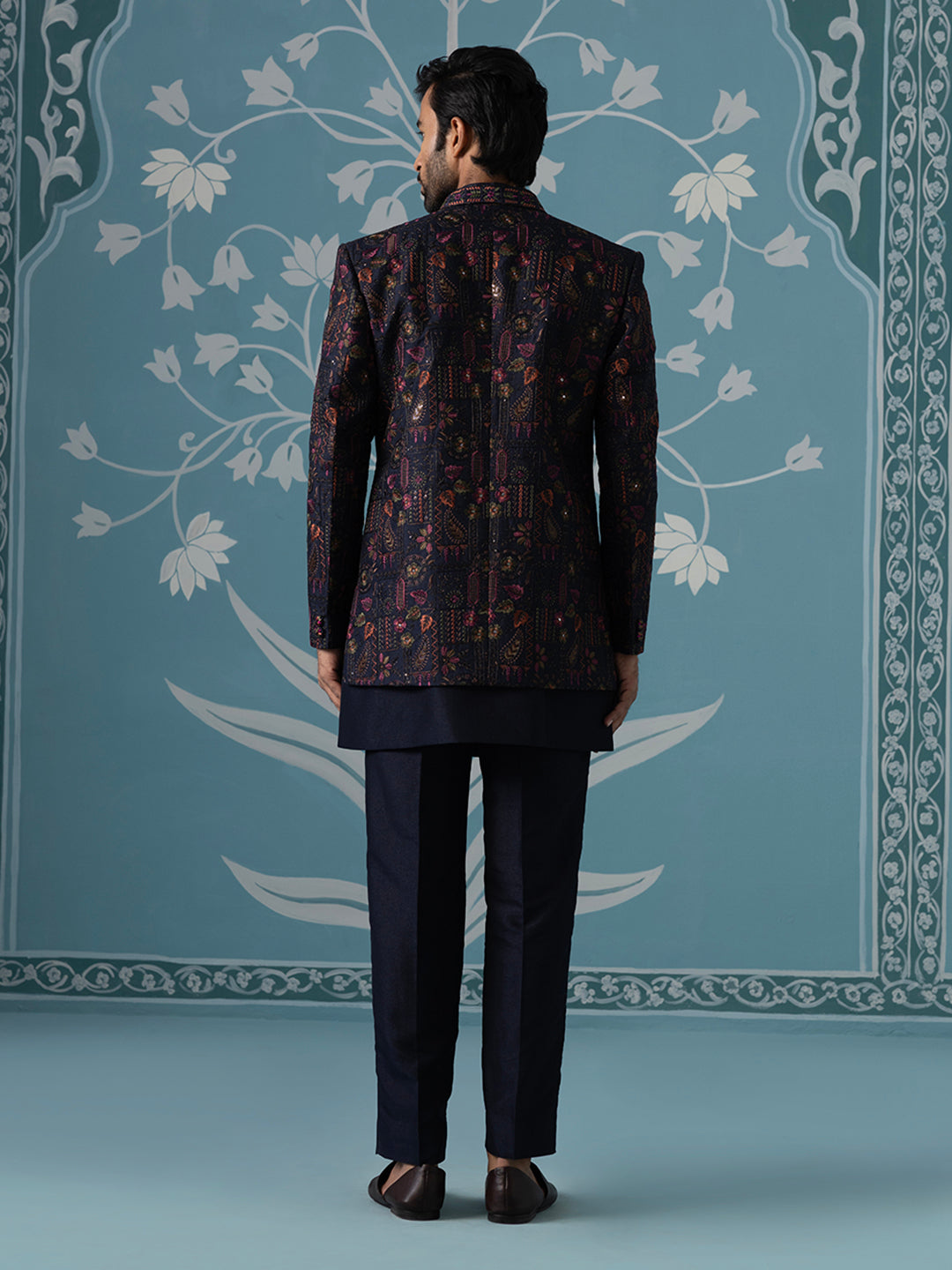 Blue Open Indo Set with Multi-Color Floral Embroidery