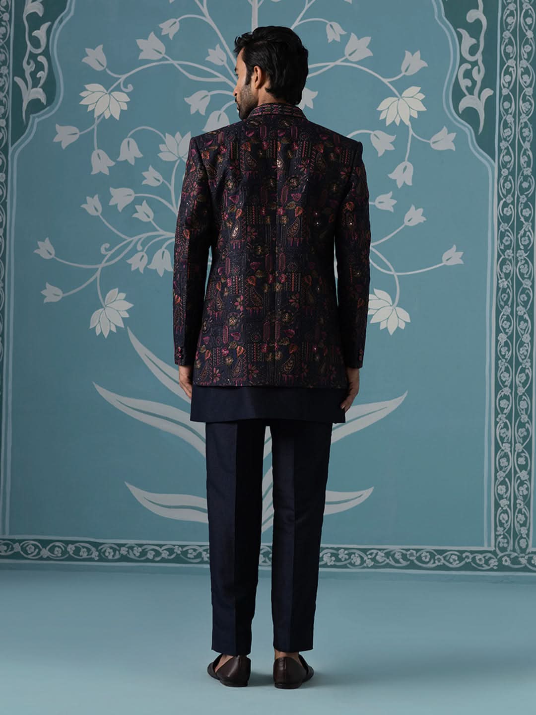 Blue Open Indo Set with Multi-Color Floral Embroidery