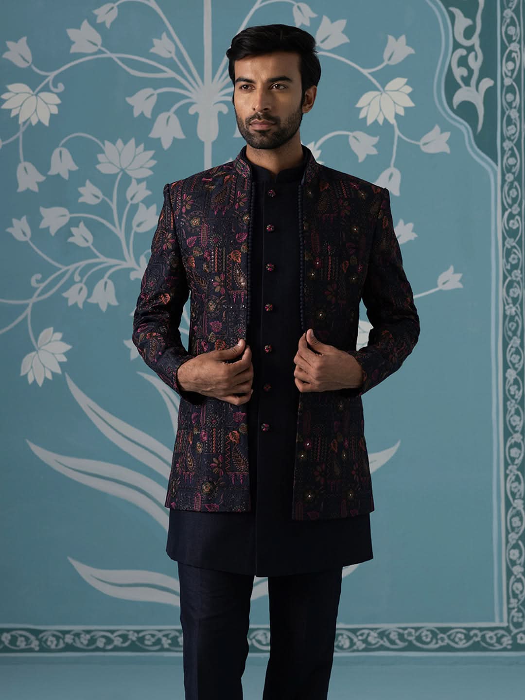 Blue Open Indo Set with Multi-Color Floral Embroidery