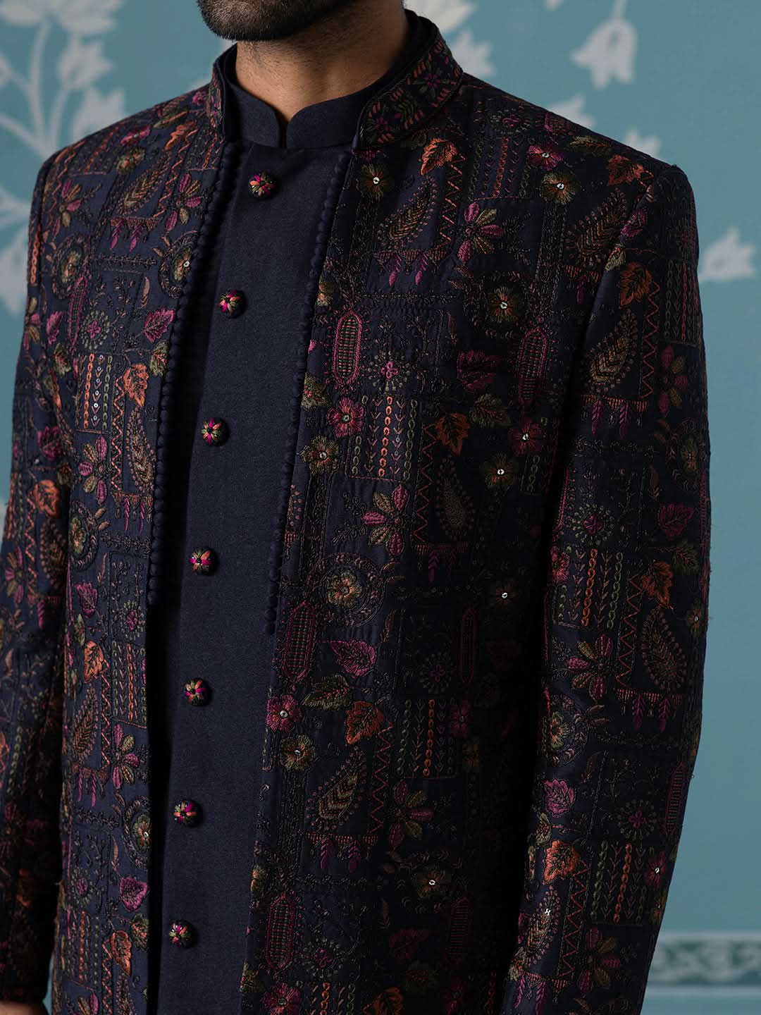 Blue Open Indo Set with Multi-Color Floral Embroidery