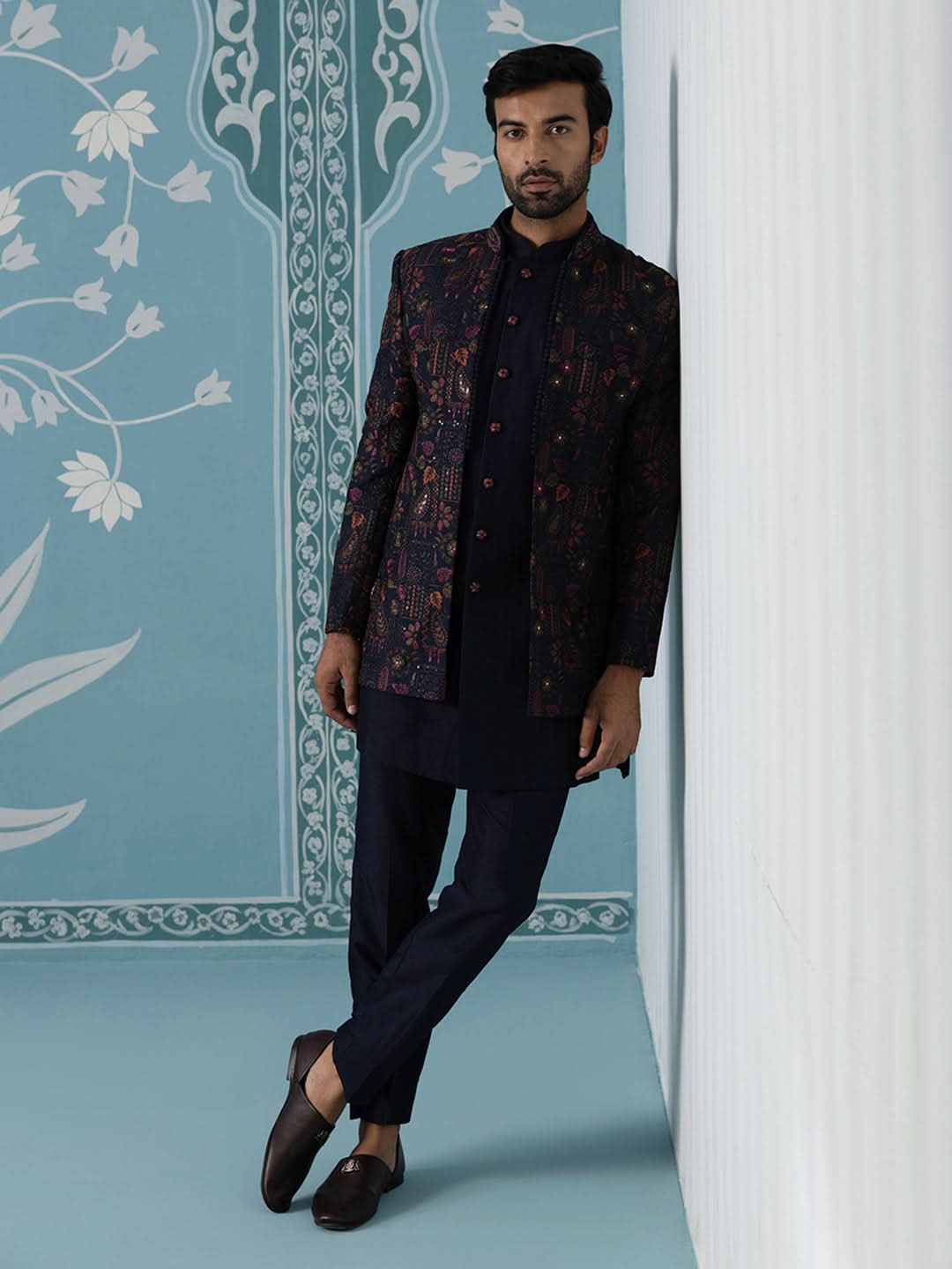 Blue Open Indo Set with Multi-Color Floral Embroidery