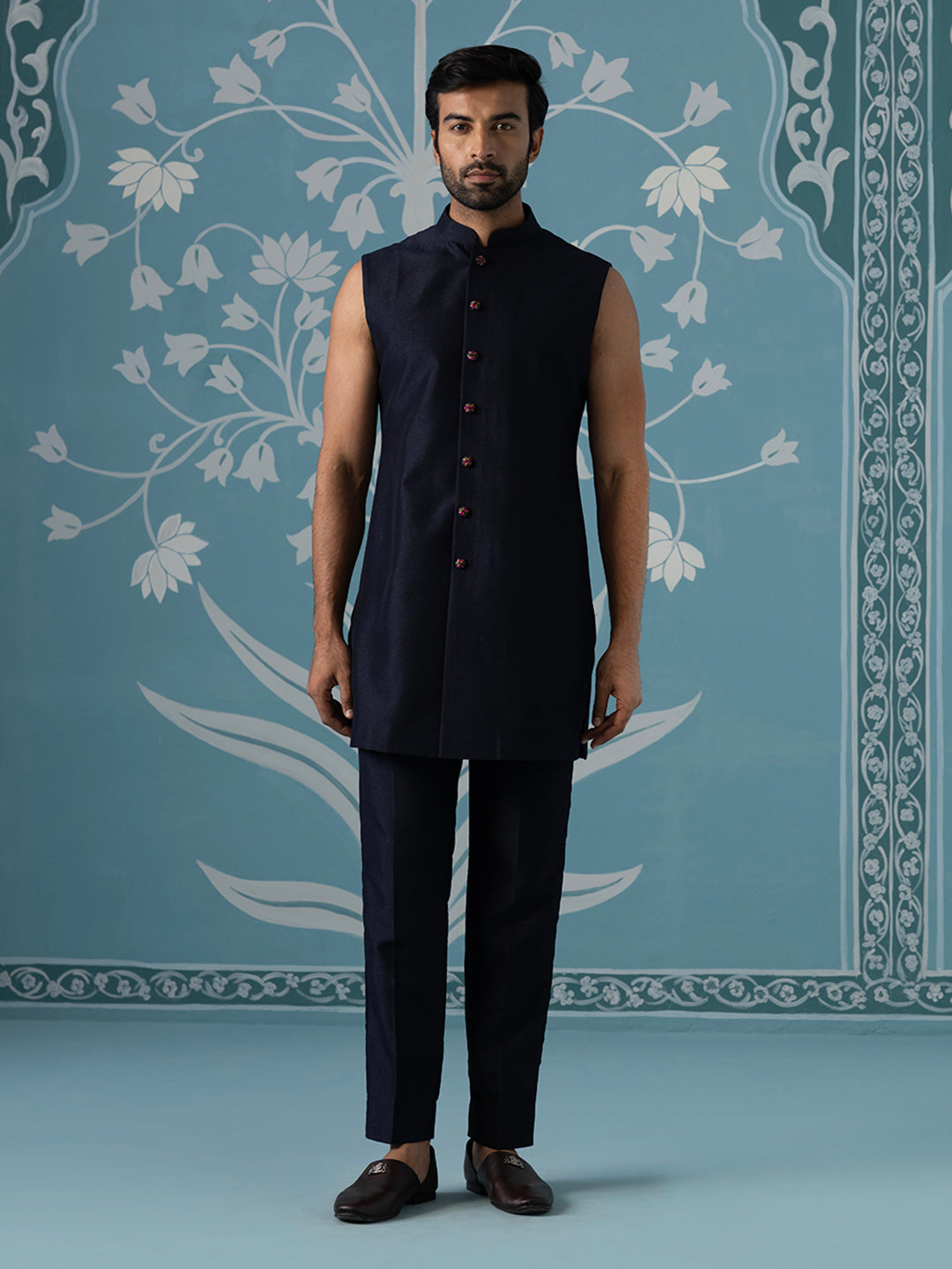 Blue Open Indo Set with Multi-Color Floral Embroidery