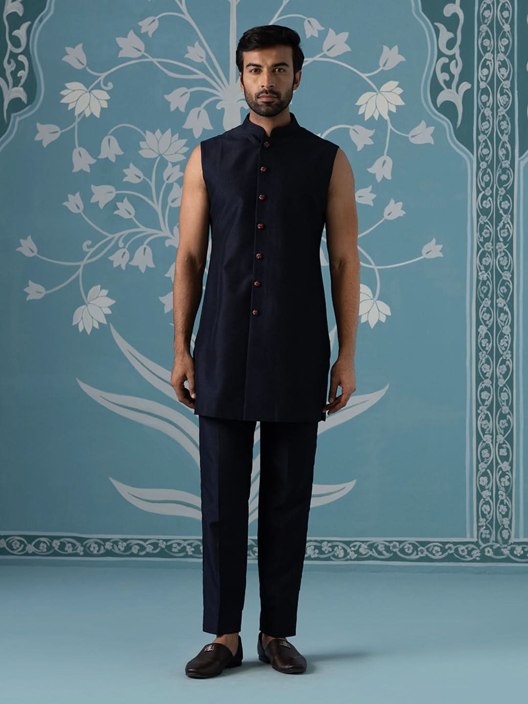 Blue Open Indo Set with Multi-Color Floral Embroidery