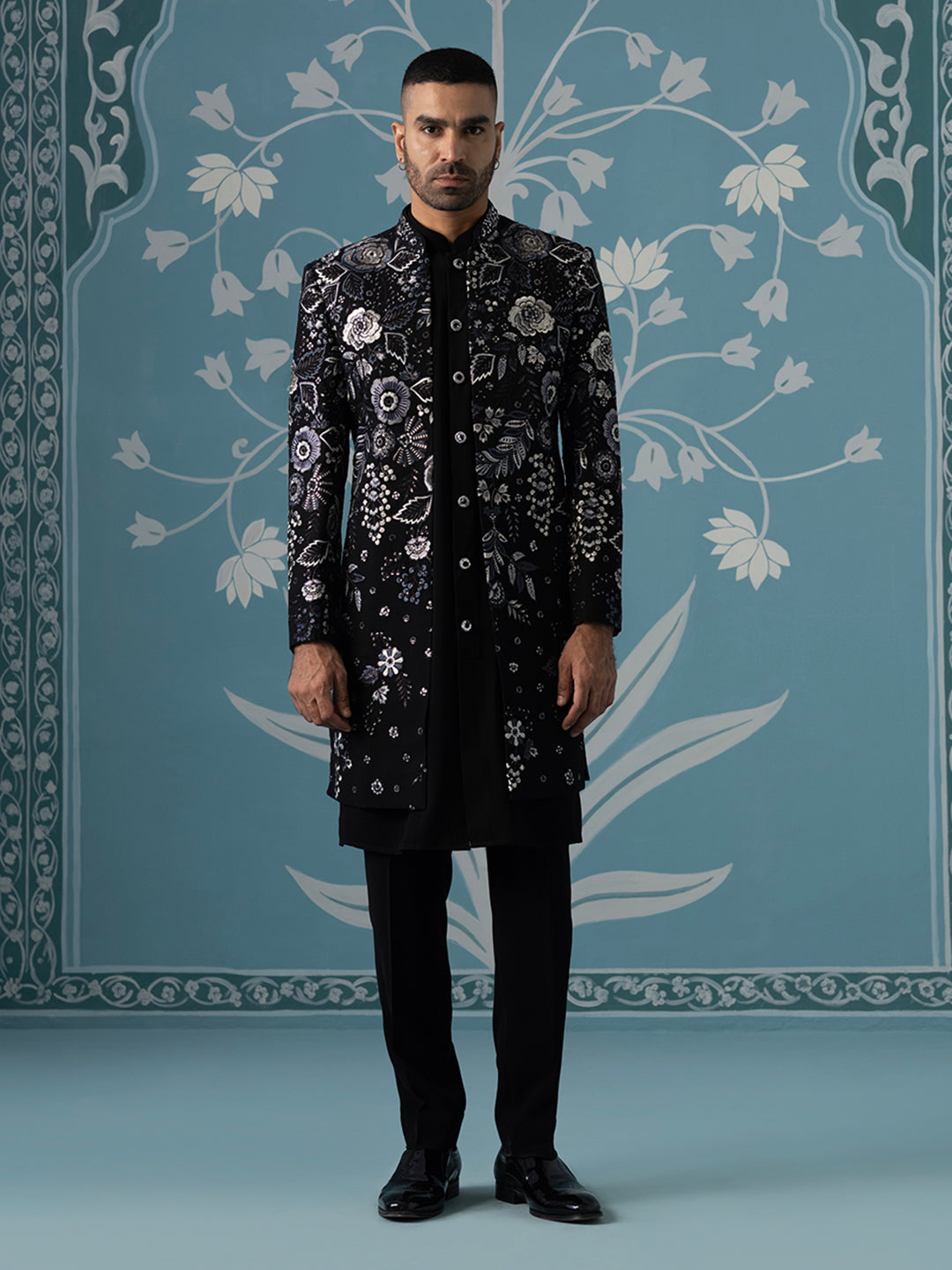 Black Floral Embroidered Open Indo Set