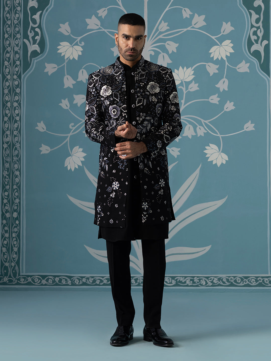 Black Floral Embroidered Open Indo Set