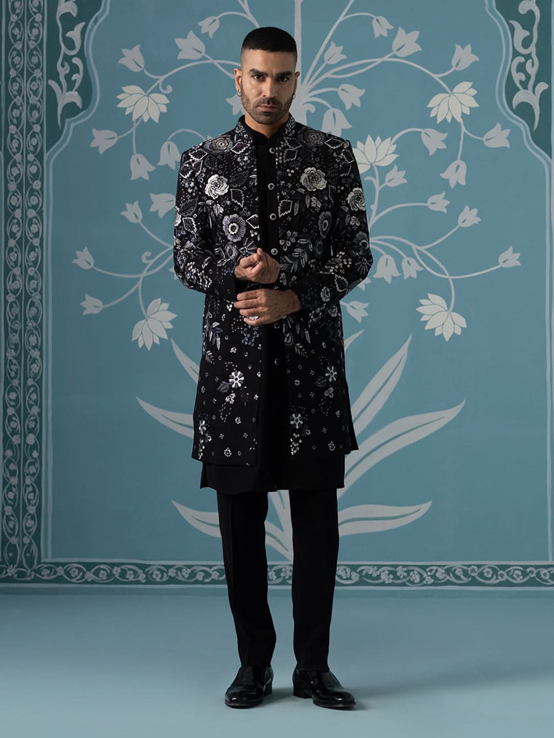 Black Floral Embroidered Open Indo Set