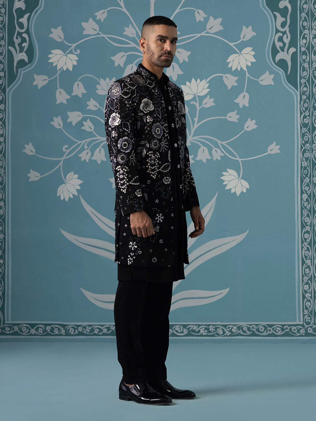 Black Floral Embroidered Open Indo Set