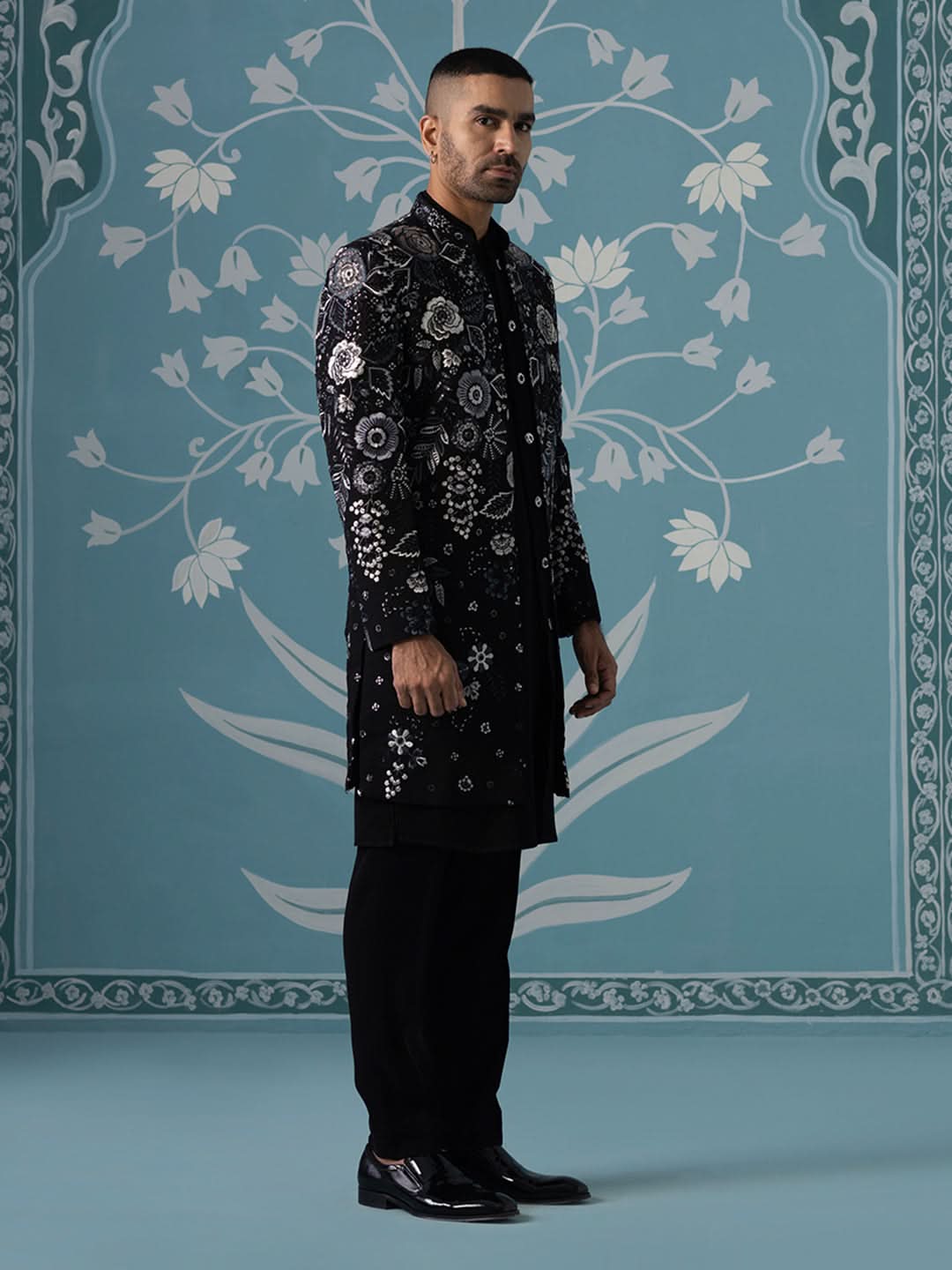 Black Floral Embroidered Open Indo Set