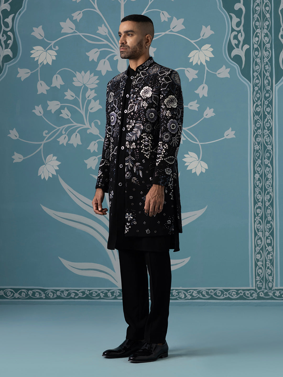 Black Floral Embroidered Open Indo Set