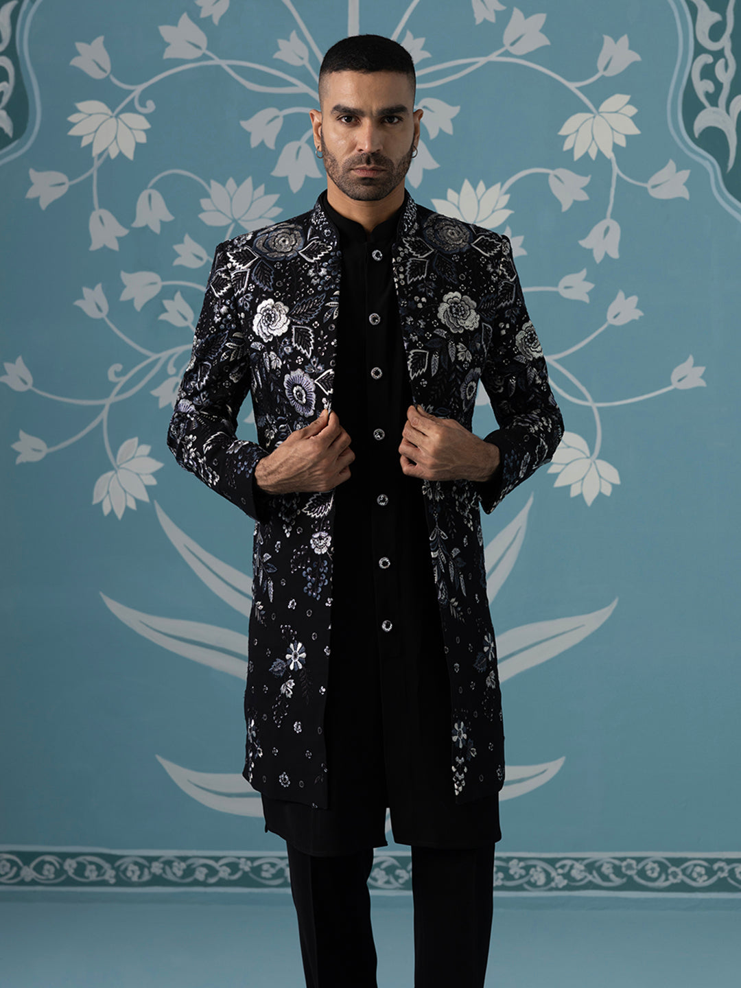 Black Floral Embroidered Open Indo Set