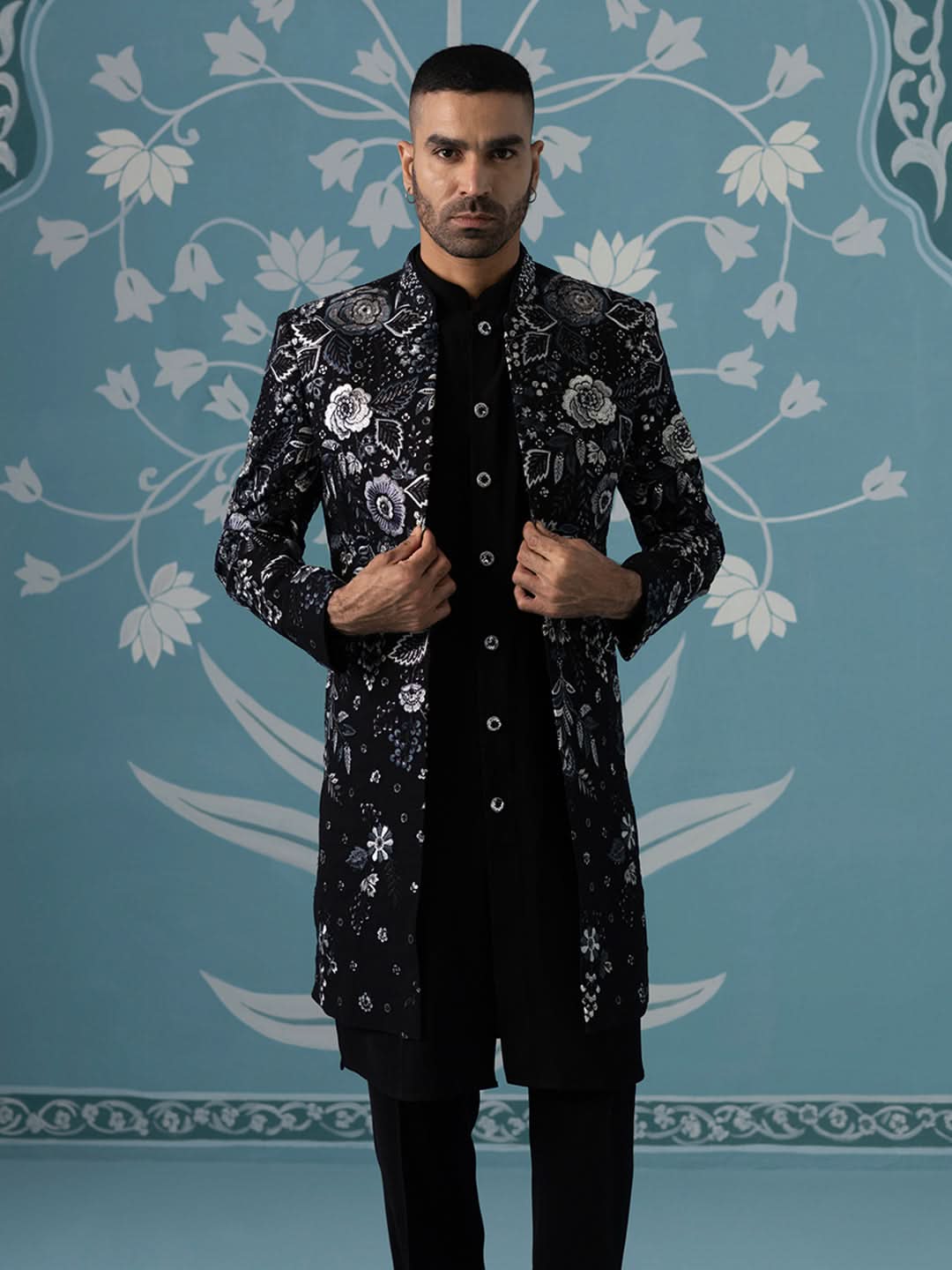 Black Floral Embroidered Open Indo Set