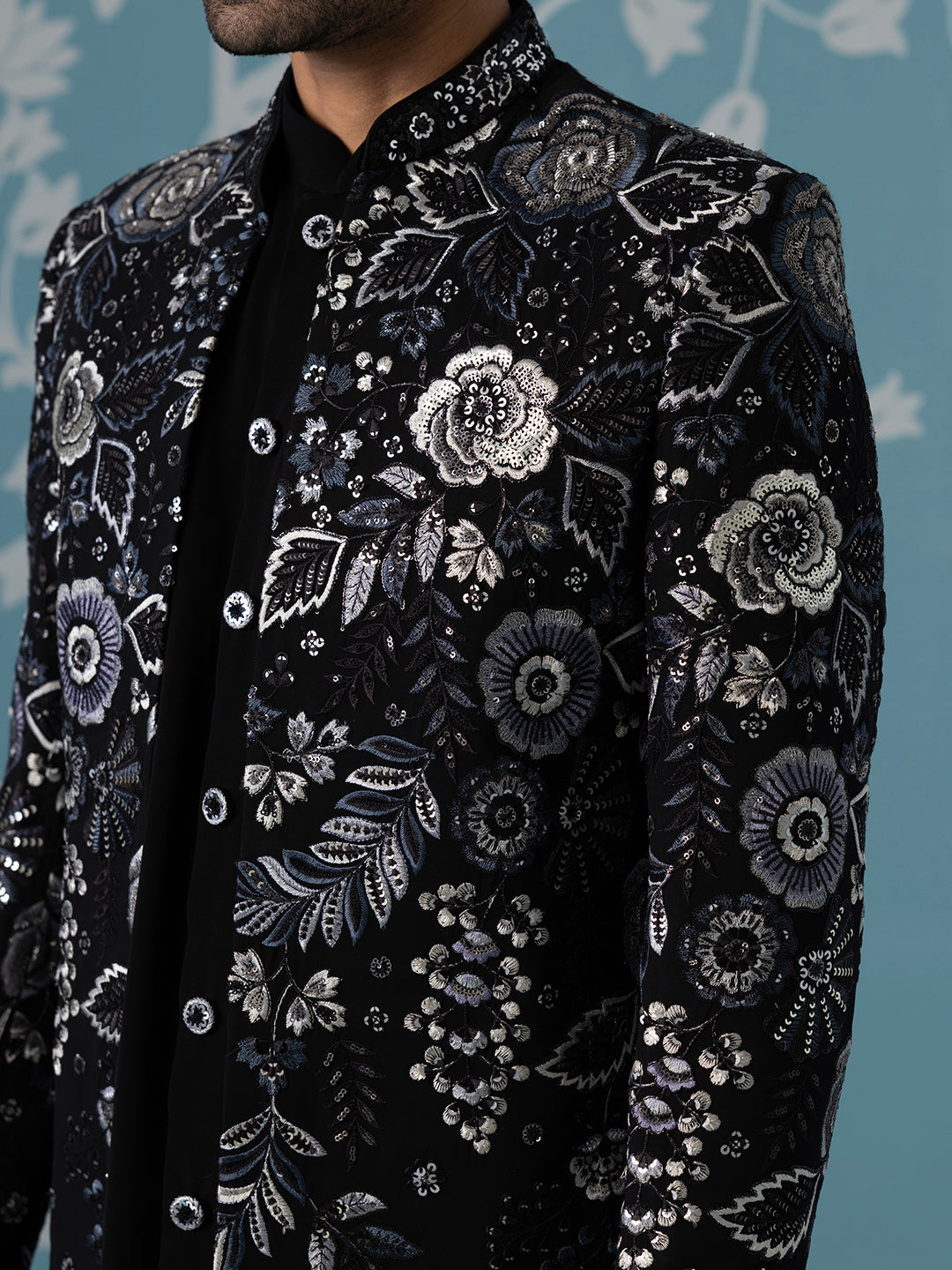 Black Floral Embroidered Open Indo Set