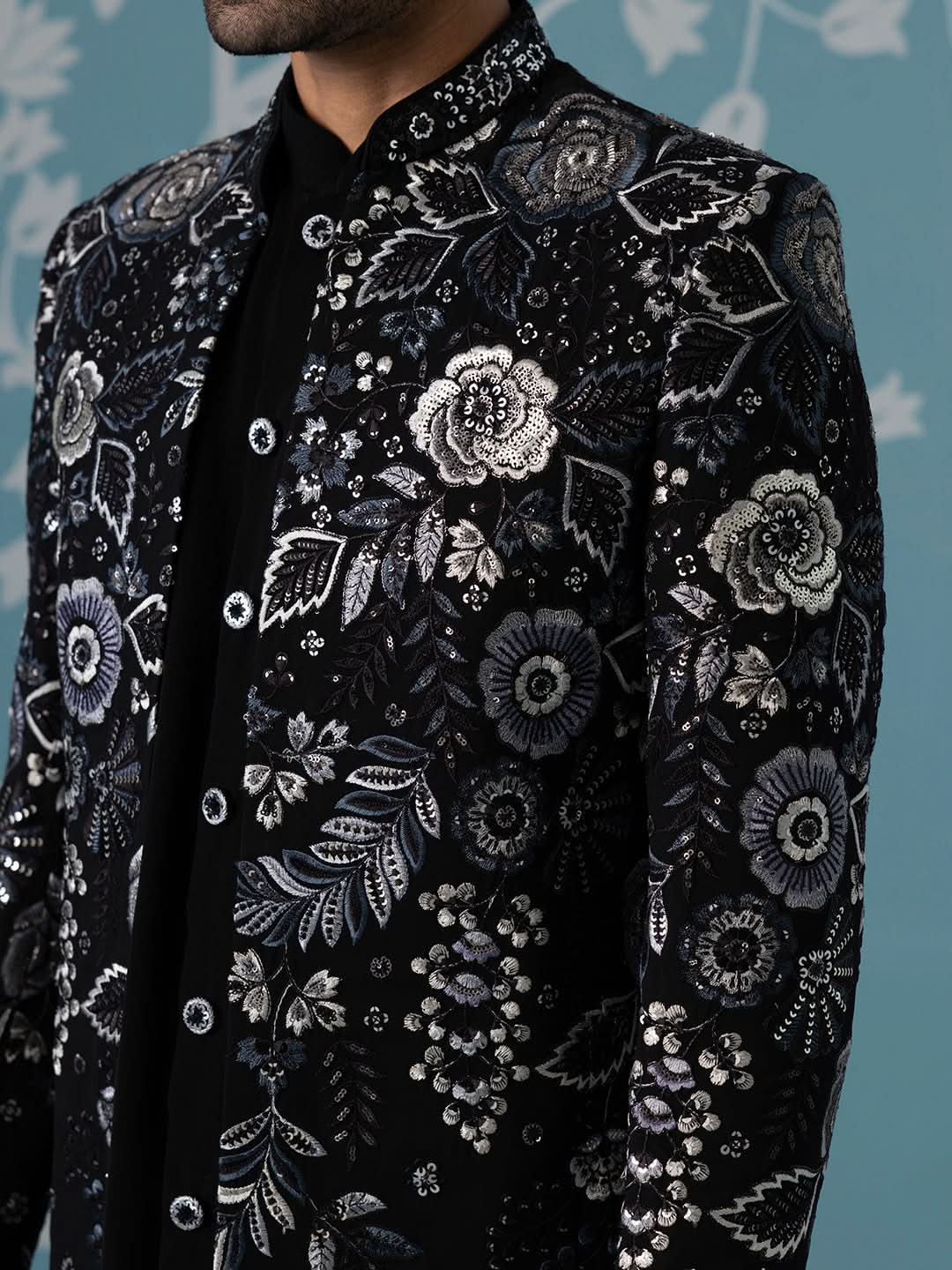 Black Floral Embroidered Open Indo Set