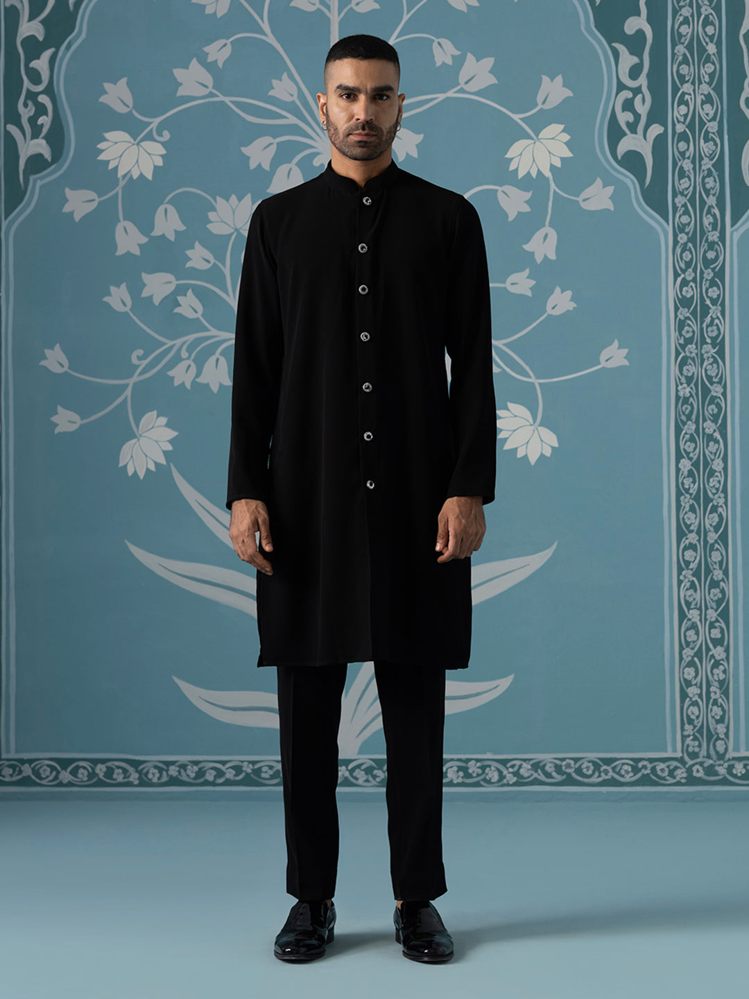 Black Floral Embroidered Open Indo Set