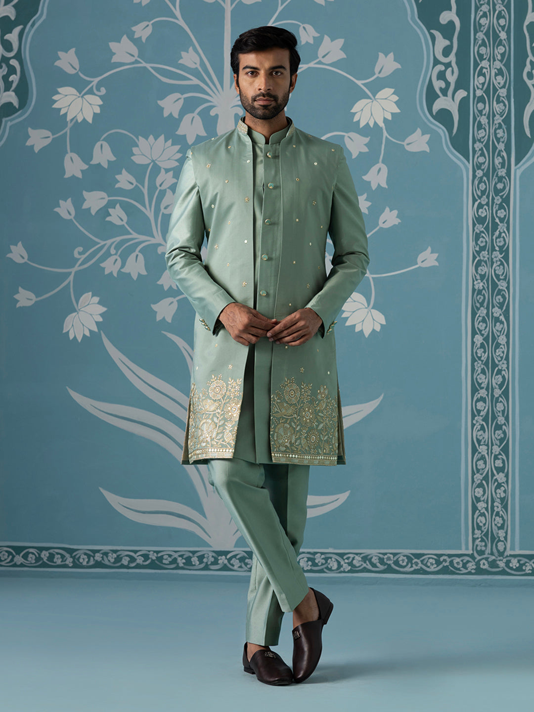 Dusky Green Long Jacket Semi-Sherwani Set