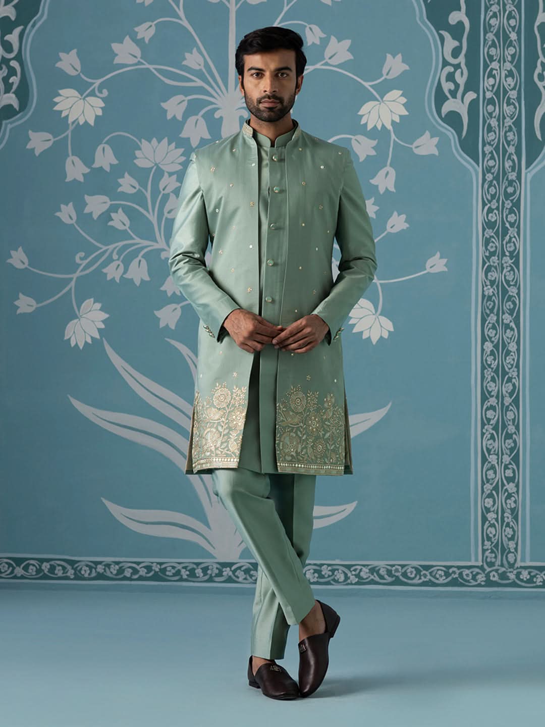 Dusky Green Long Jacket Semi-Sherwani Set