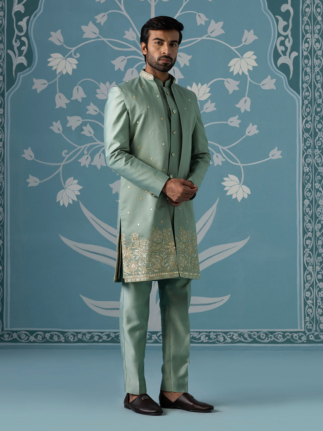 Dusky Green Long Jacket Semi-Sherwani Set